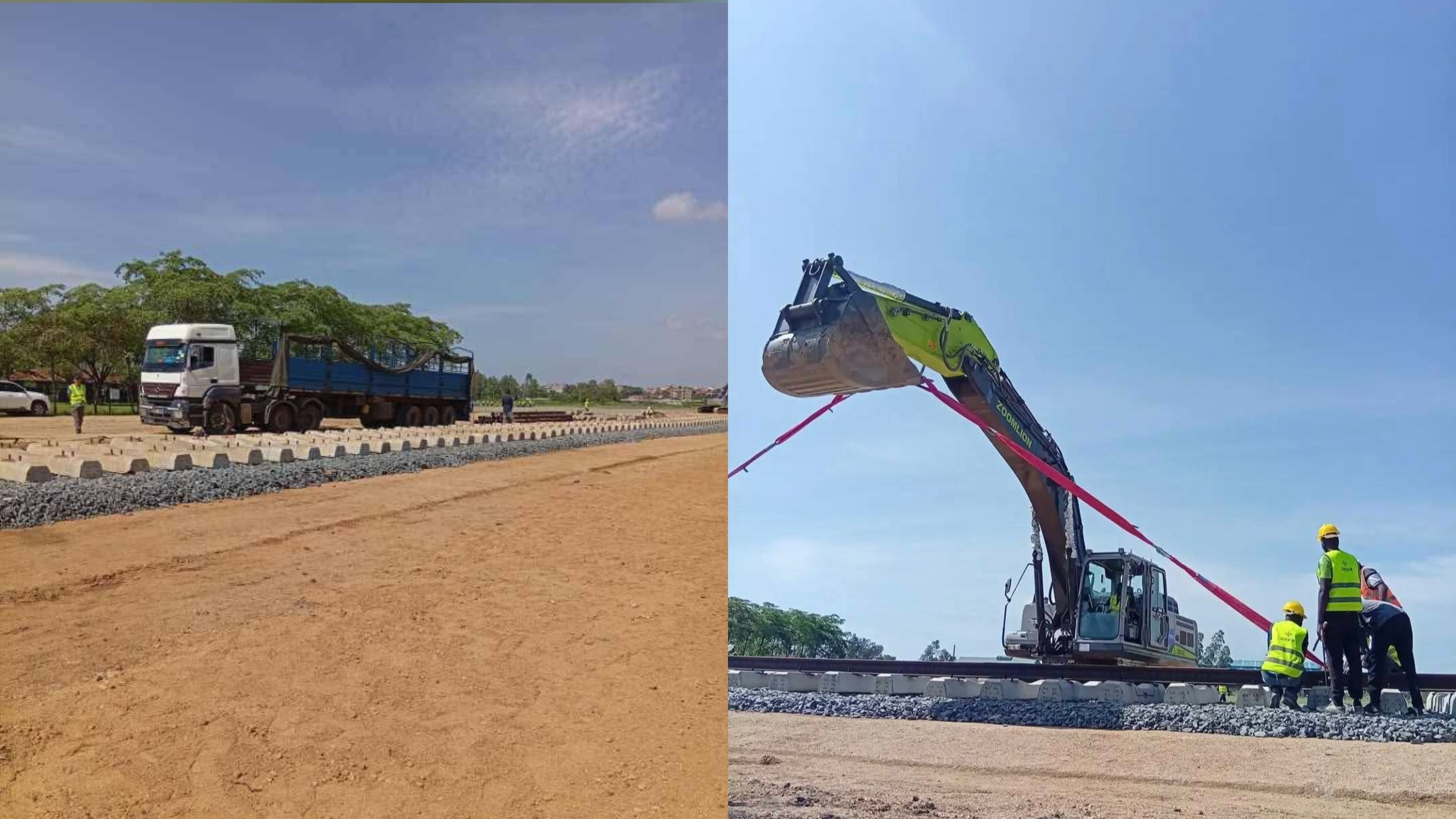 An excavator lifts a concrete rail sleeper at a construction site where new SGR tracks are being laid on a prepared gravel bed.