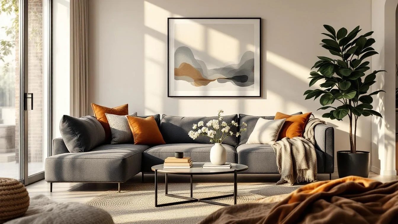 A brightly lit modern residential entrance hall featuring polished stone flooring, a neutral color palette, and a clear view into an open-plan living space.