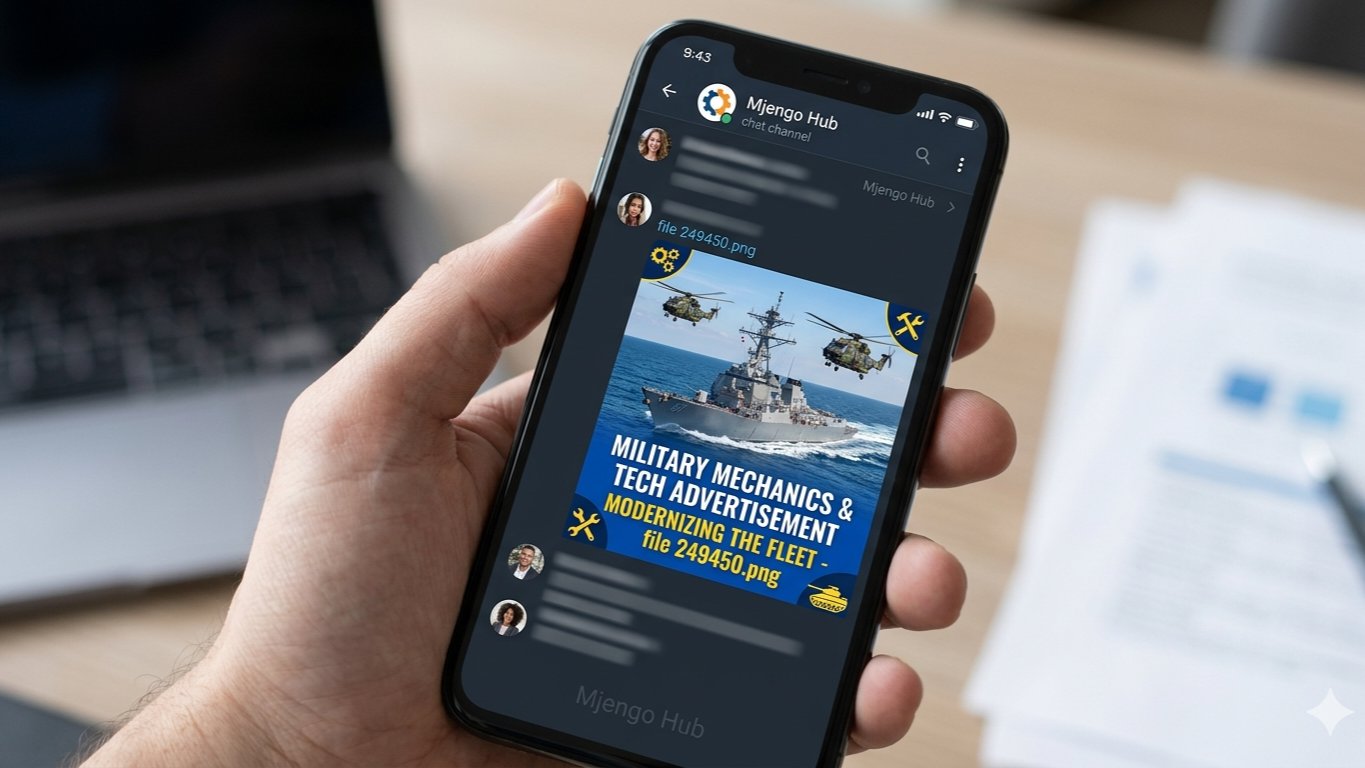A smartphone displaying a digital interface from the Mjengo Hub chat channel with a military mechanics tech advertisement showing helicopters and a naval ship, referenced as file 249450.png.