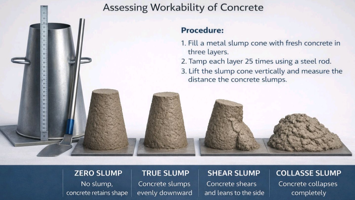 A photo illustration of concrete slump test procedure.