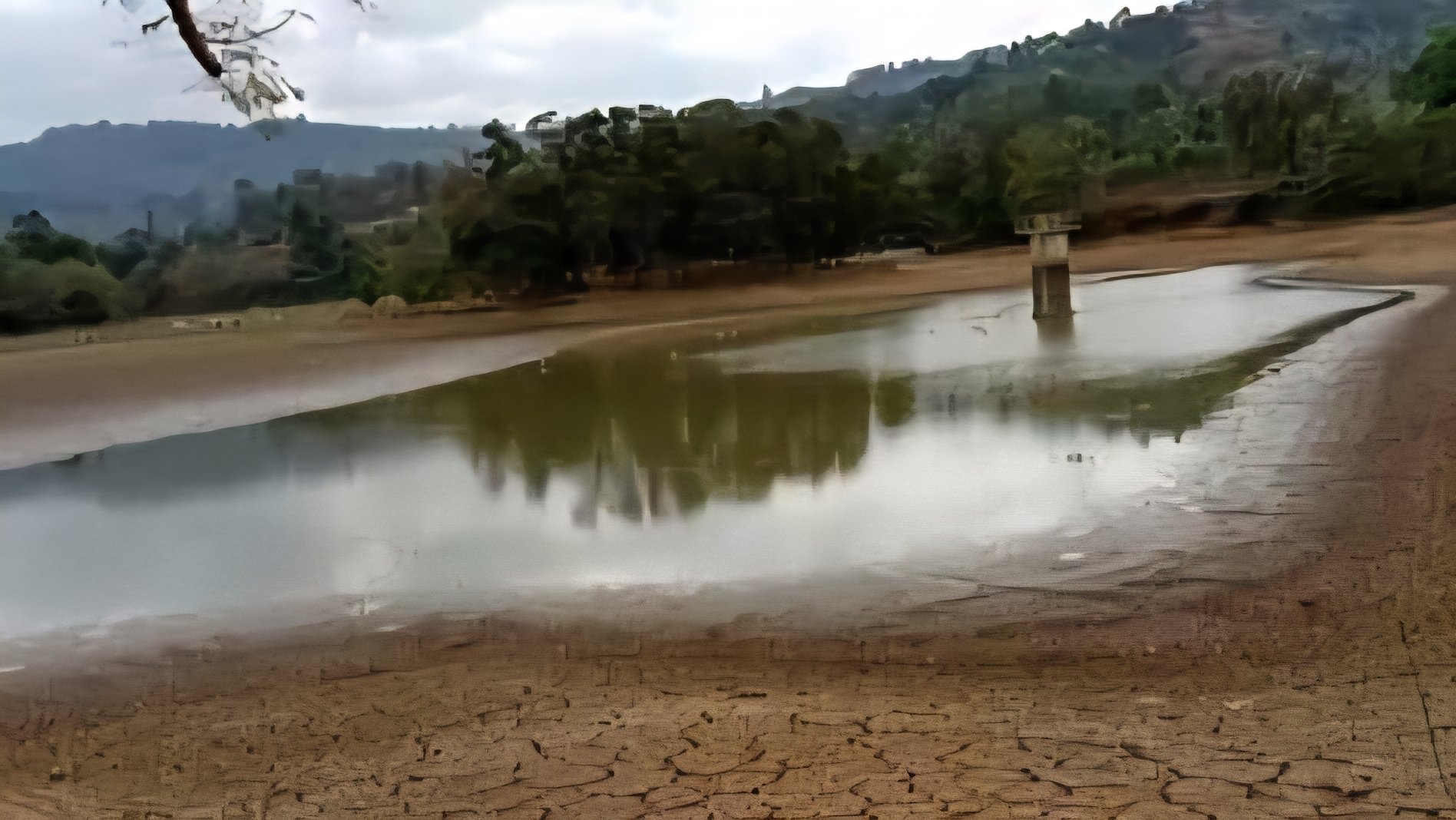 A wide shot of Muoni Dam in Kathiani, Machakos County, showing significant siltation and overgrown vegetation along the water's edge under a cloudy sky.