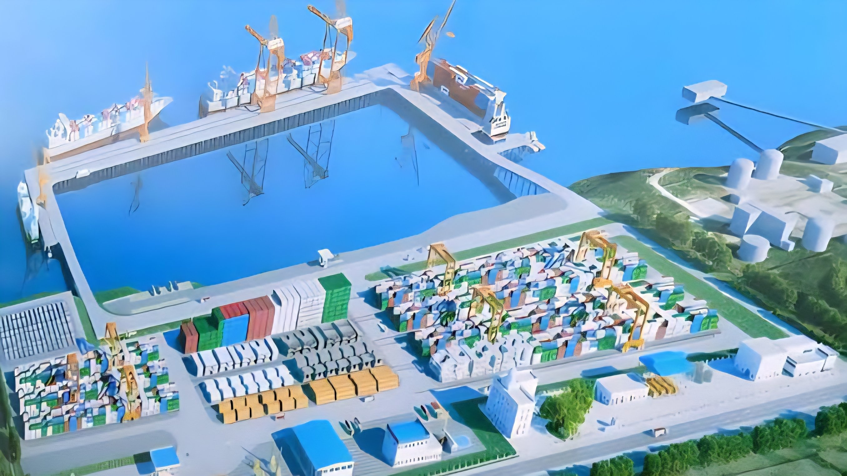 A wide view of the Mangapwani Integrated Port construction site in Zanzibar showing heavy machinery and the early stages of berth foundation work near the coastline.