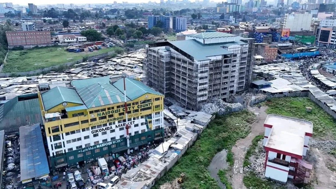 External view of the newly constructed Gikomba Hospital building in Nairobi showing the main entrance and multi-story clinical wings.