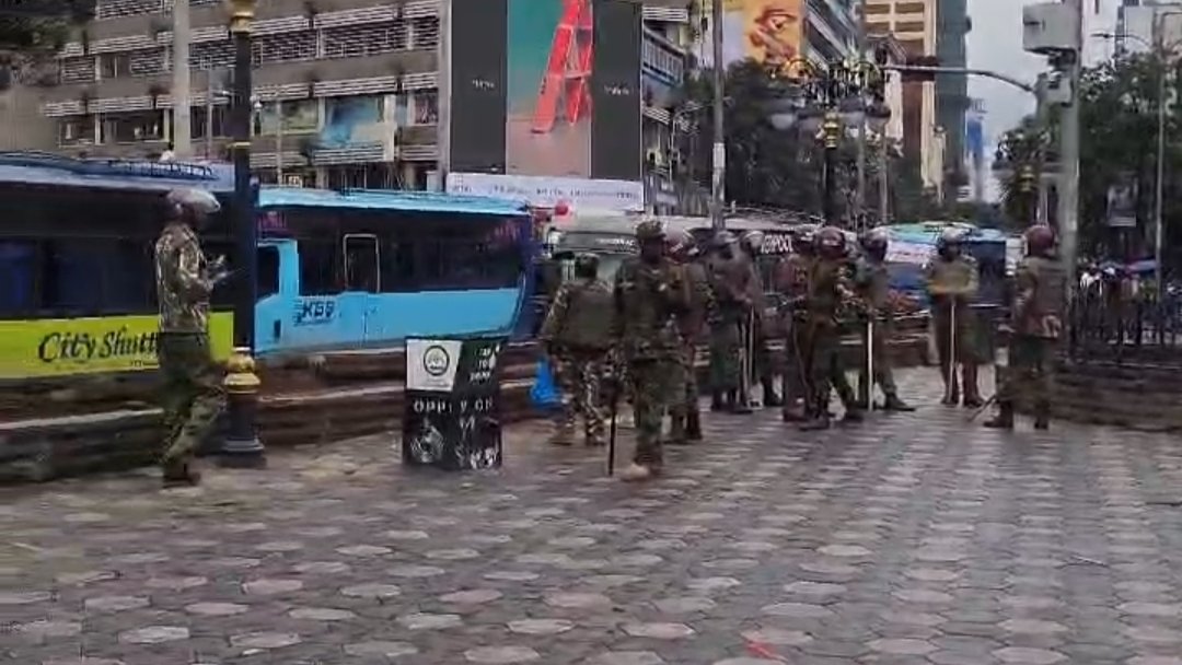 Police officers deployed on streets in Nairobi Central Business District during small-scale protests against fuel prices on April 21, 2026