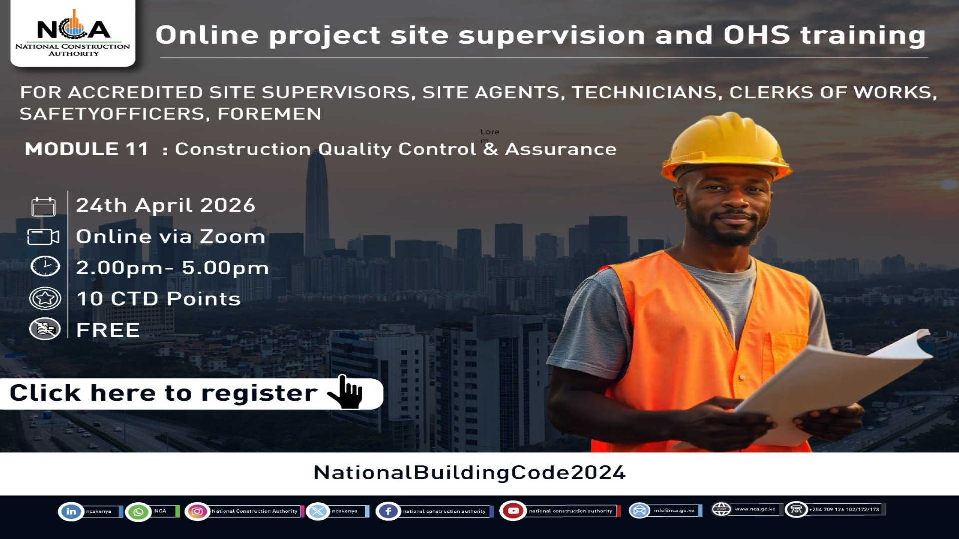 A construction site supervisor in a bright orange high-visibility vest and yellow hard hat reviews architectural blueprints against a backdrop of a developing city skyline.