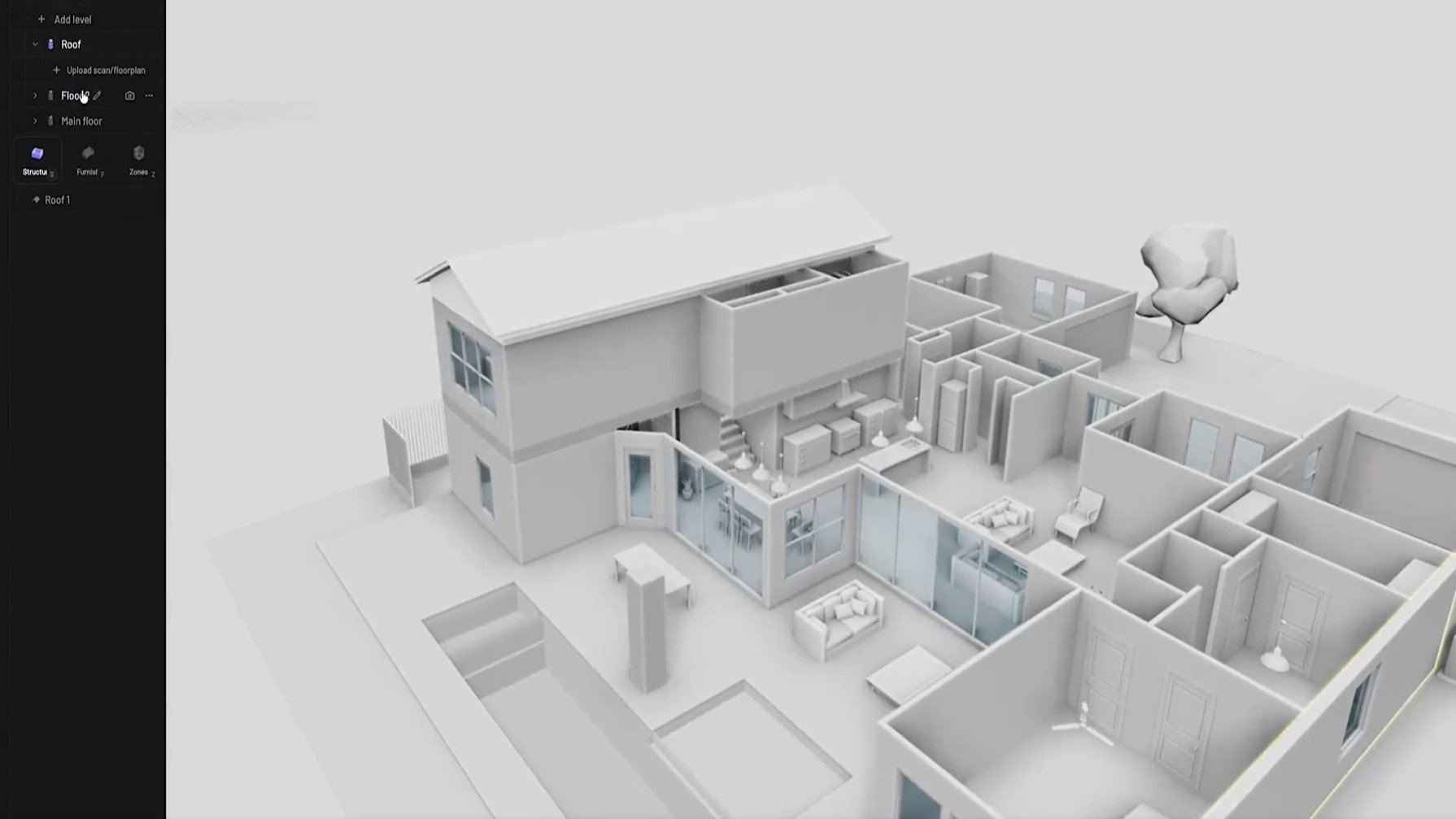 Screenshot of Pascal Editor Online interface showing a complete 3D modern house model with walls, floors, furniture and hierarchy panel visible in the browser