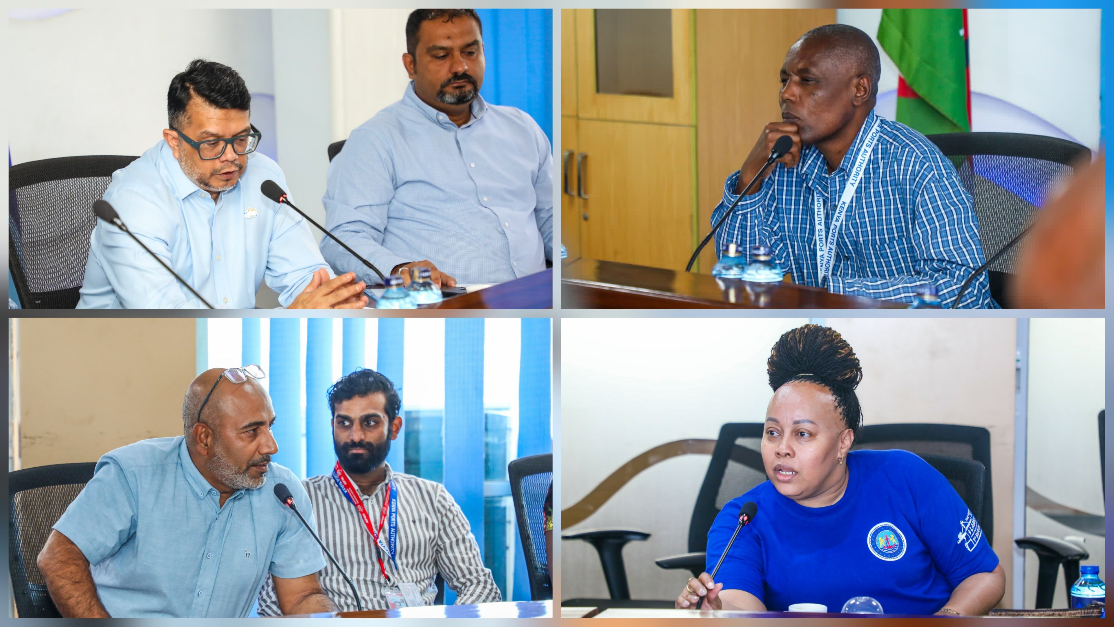 Four-panel composite photograph showing officials from the Kenya Association of Manufacturers and the Kenya Ports Authority holding a meeting at the Port of Mombasa.