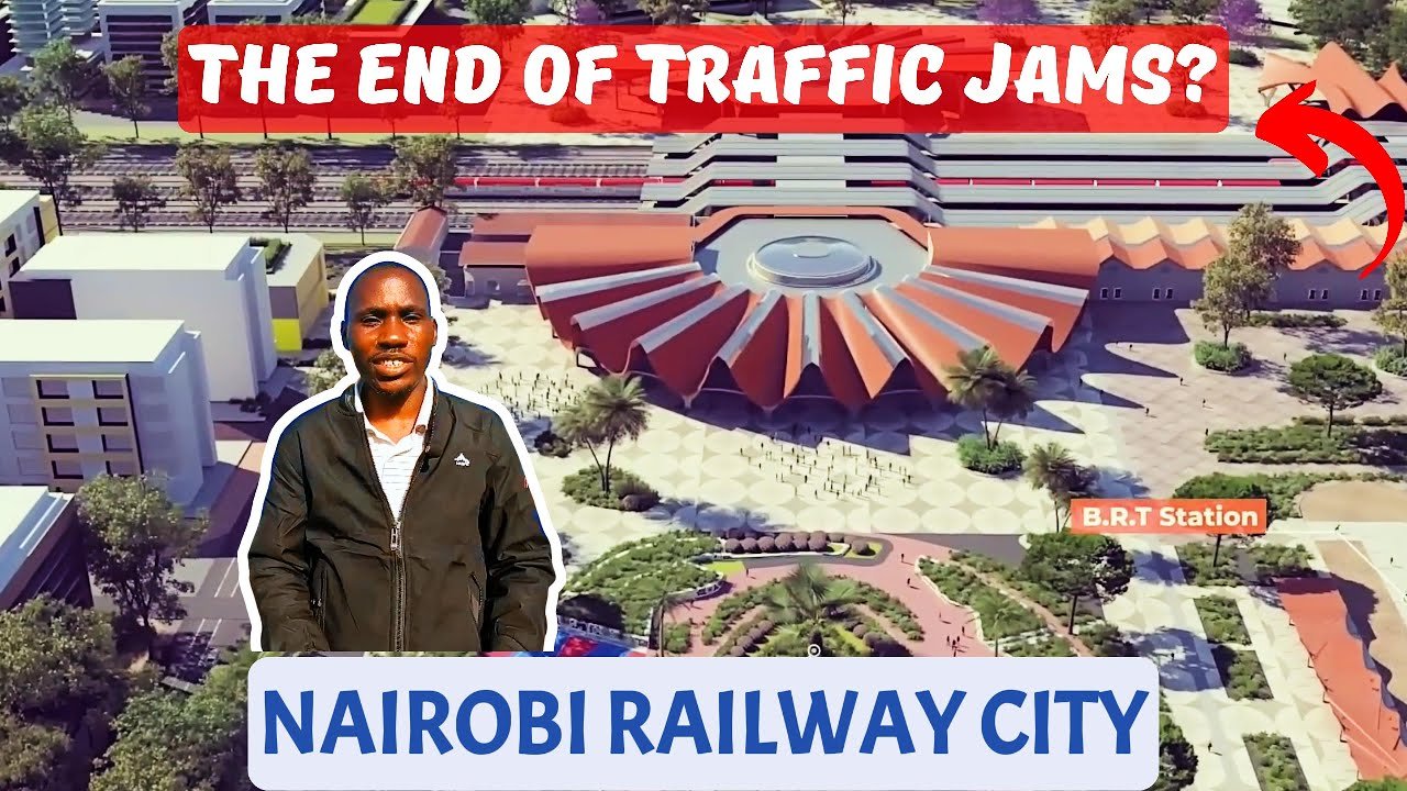 Architectural rendering of a modern rail transit station in Nairobi showing a modern commuter station within a railway city.
