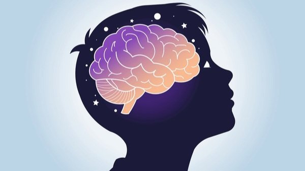 A profile silhouette of a human head with a glowing blue brain and a highlighted red frontal area.