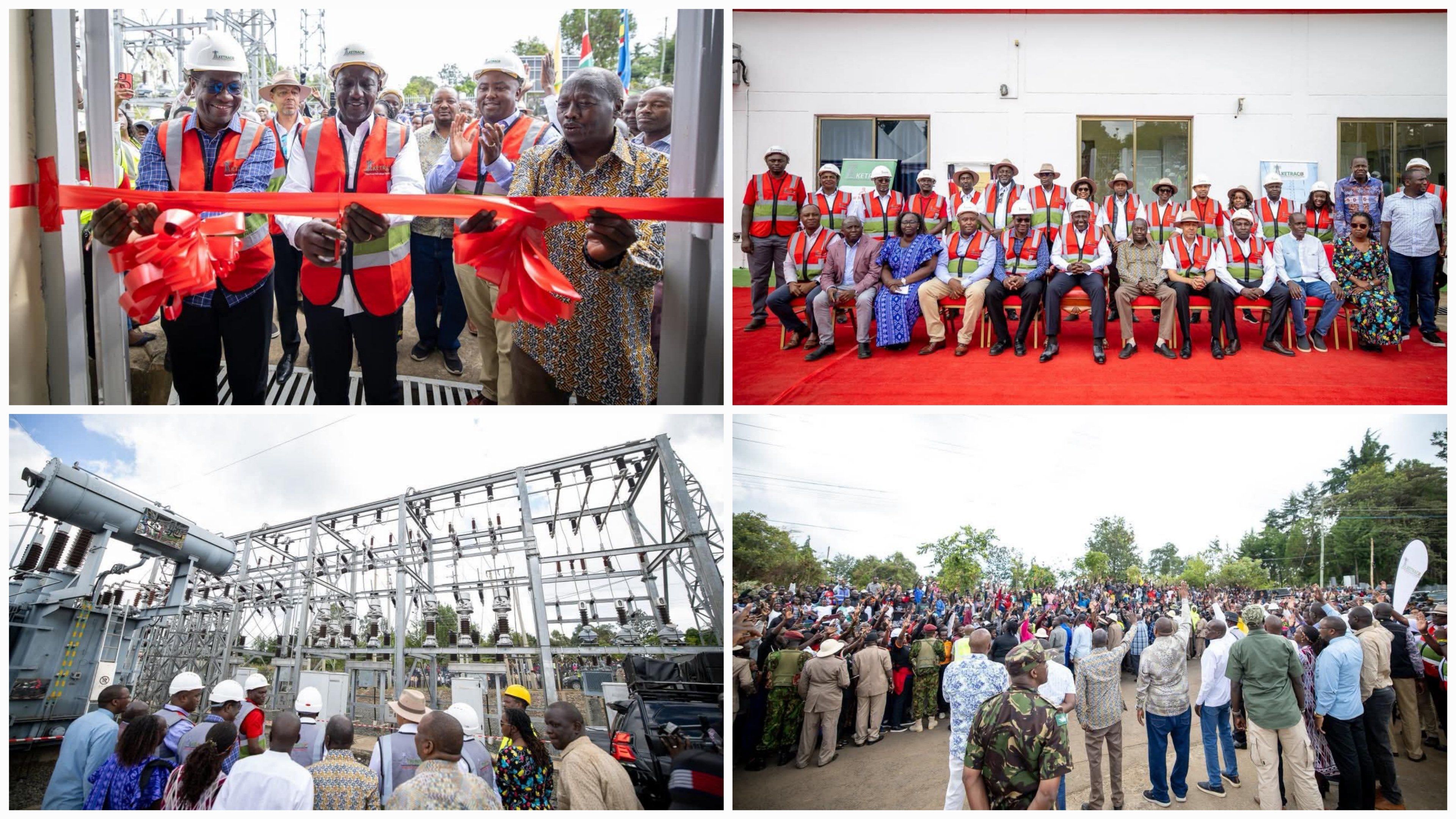 President Ruto commissioning high-voltage electrical transmission towers and power lines stretching across the landscape of Baringo County.