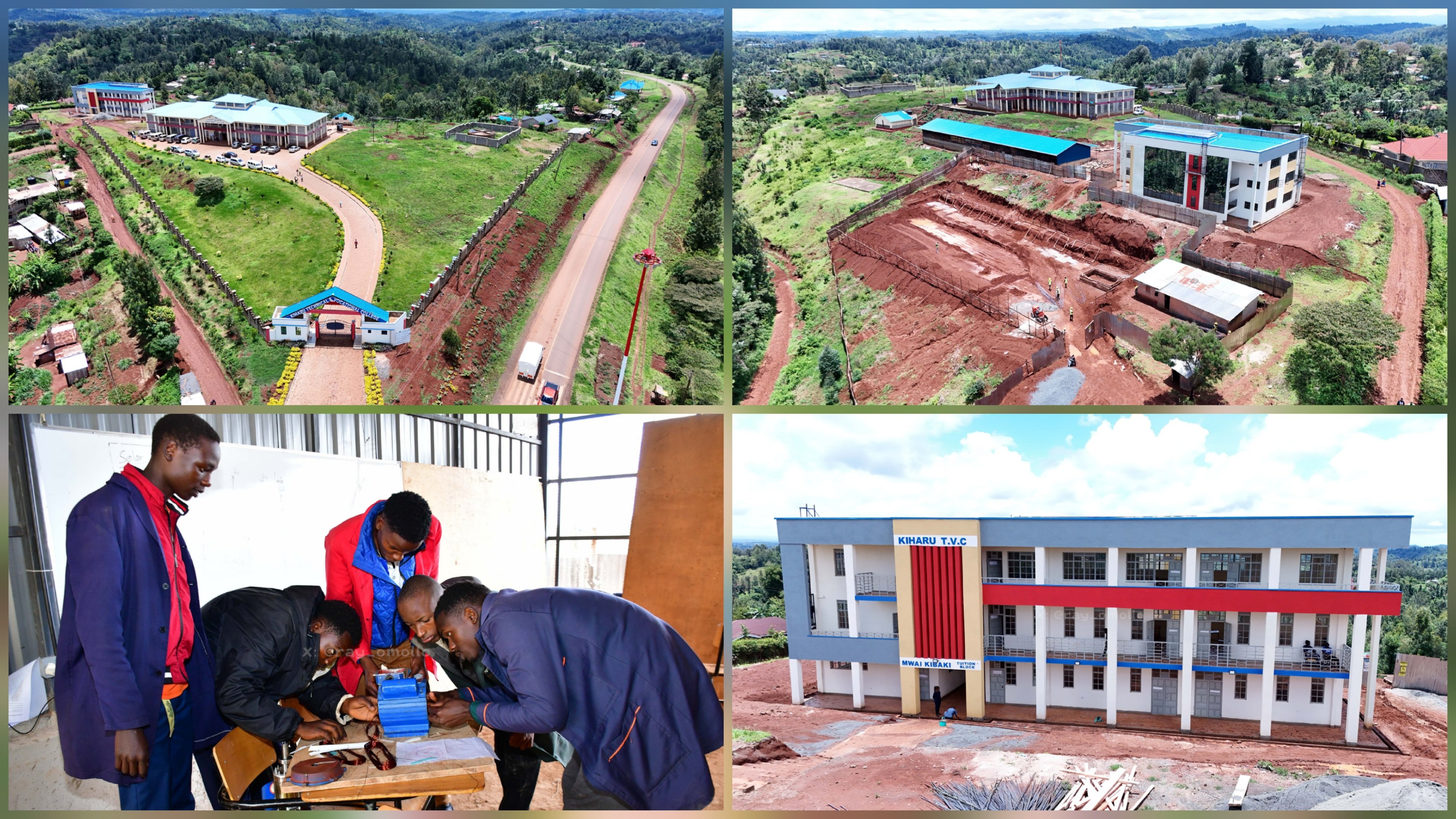 Photo collage of the Kiharu Technical and Vocational College campus showing modern multi-story buildings and ongoing construction of student hostels in Murang'a.