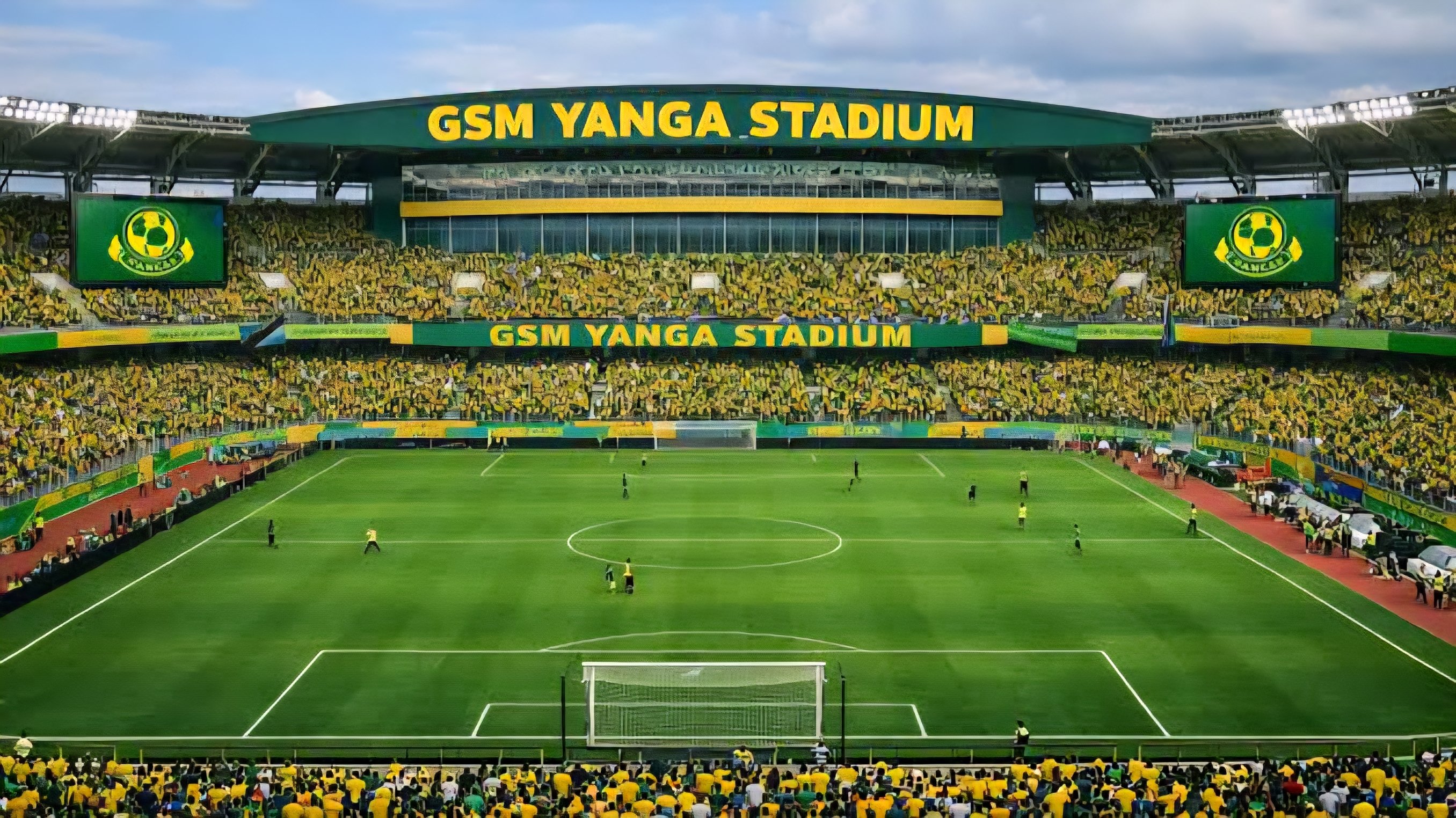 Architectural rendering of the proposed Yanga SC modern stadium at Jangwani, showing a circular green and yellow tiered arena surrounded by a dense urban Dar es Salaam neighborhood.