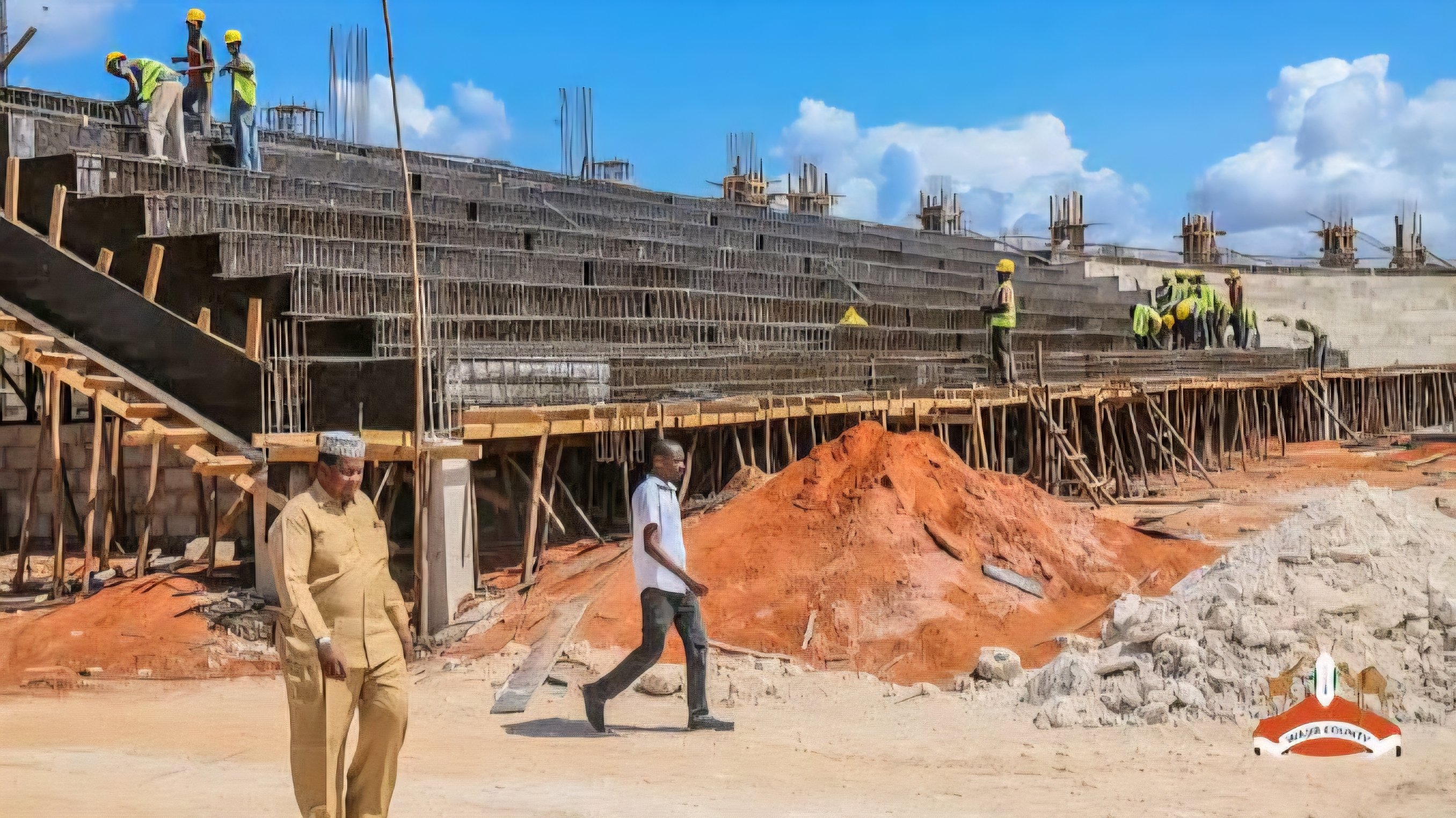 Ongoing construction of the concrete terraces and roof structures at the Wajir Stadium site in Kenya.