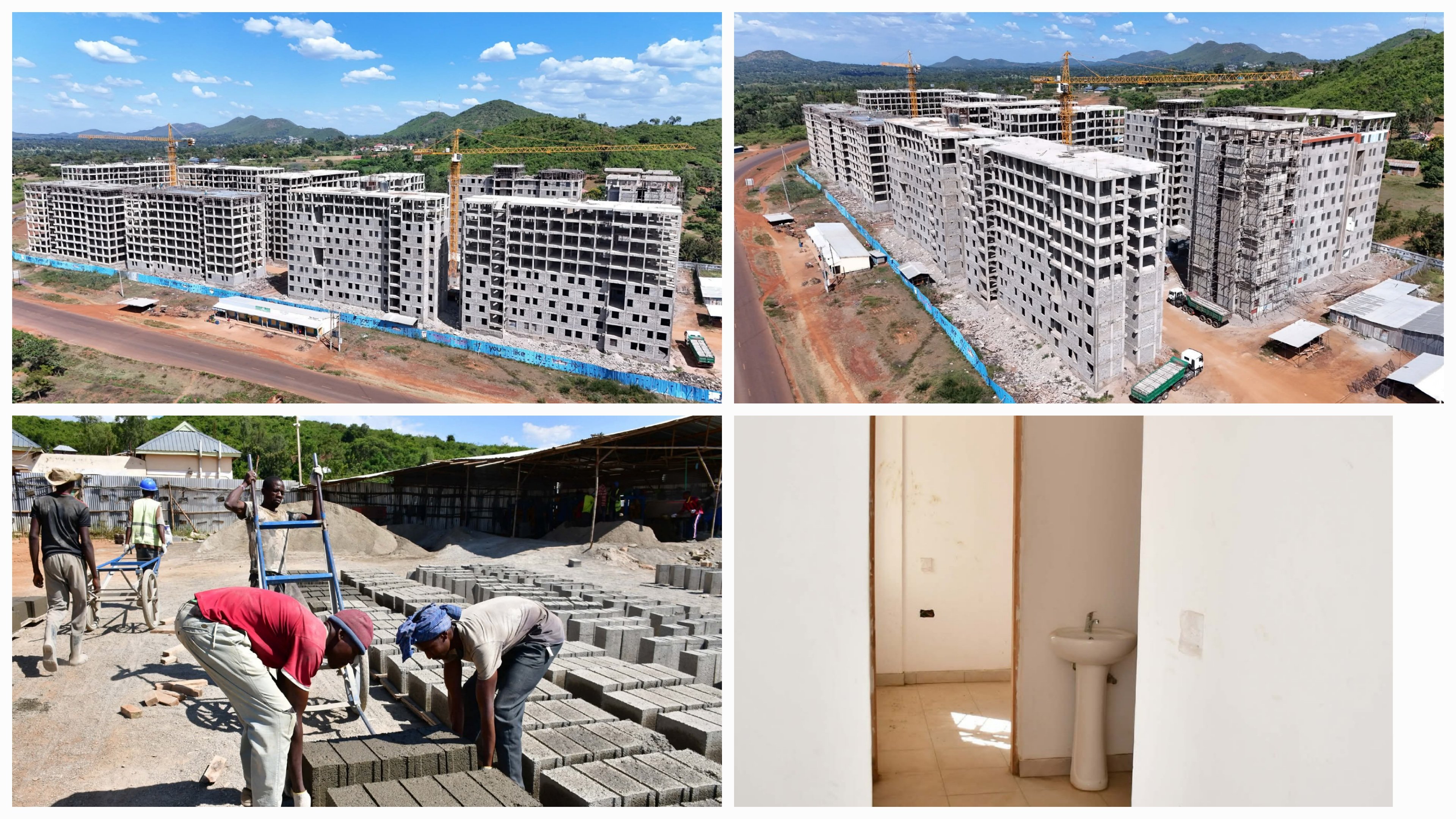 A construction site in Funyula, Busia County, showing multi-story residential blocks under construction with scaffolding and masonry work in progress.