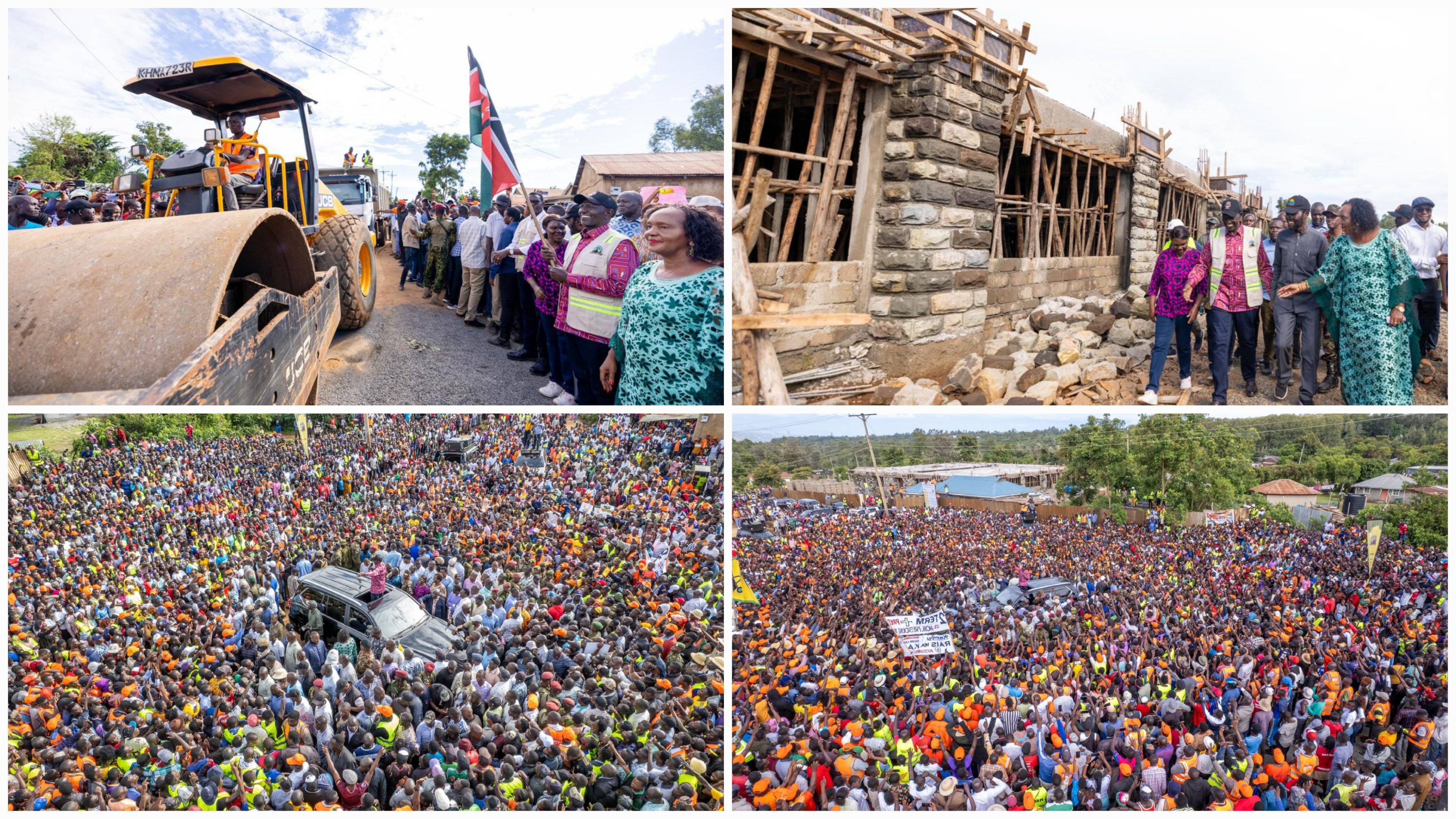 President William Ruto standing next to a yellow road roller and a crowd of people during the flag-off ceremony of the Holo-Lela road in Kisumu.