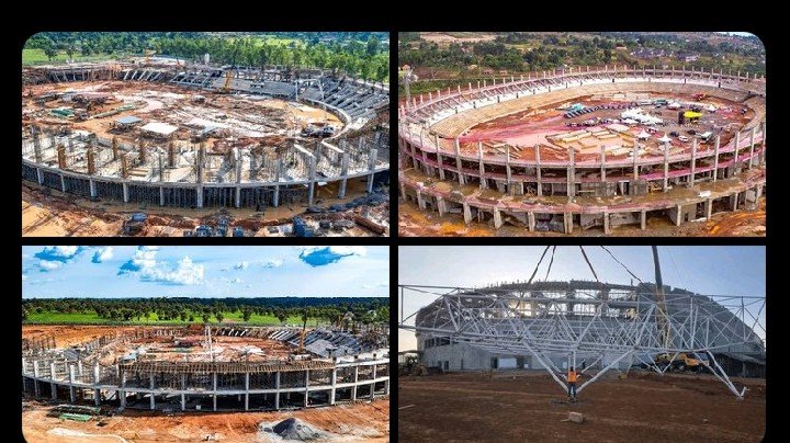 Aerial view of the Akii-Bua Olympic Stadium under construction in Lira City, Uganda, showing ongoing work and site layout