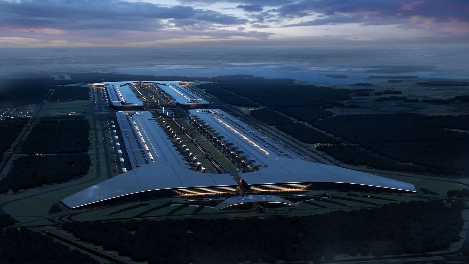 Aerial view rendering of the massive proposed Terafab semiconductor manufacturing facility in Grimes County, Texas.