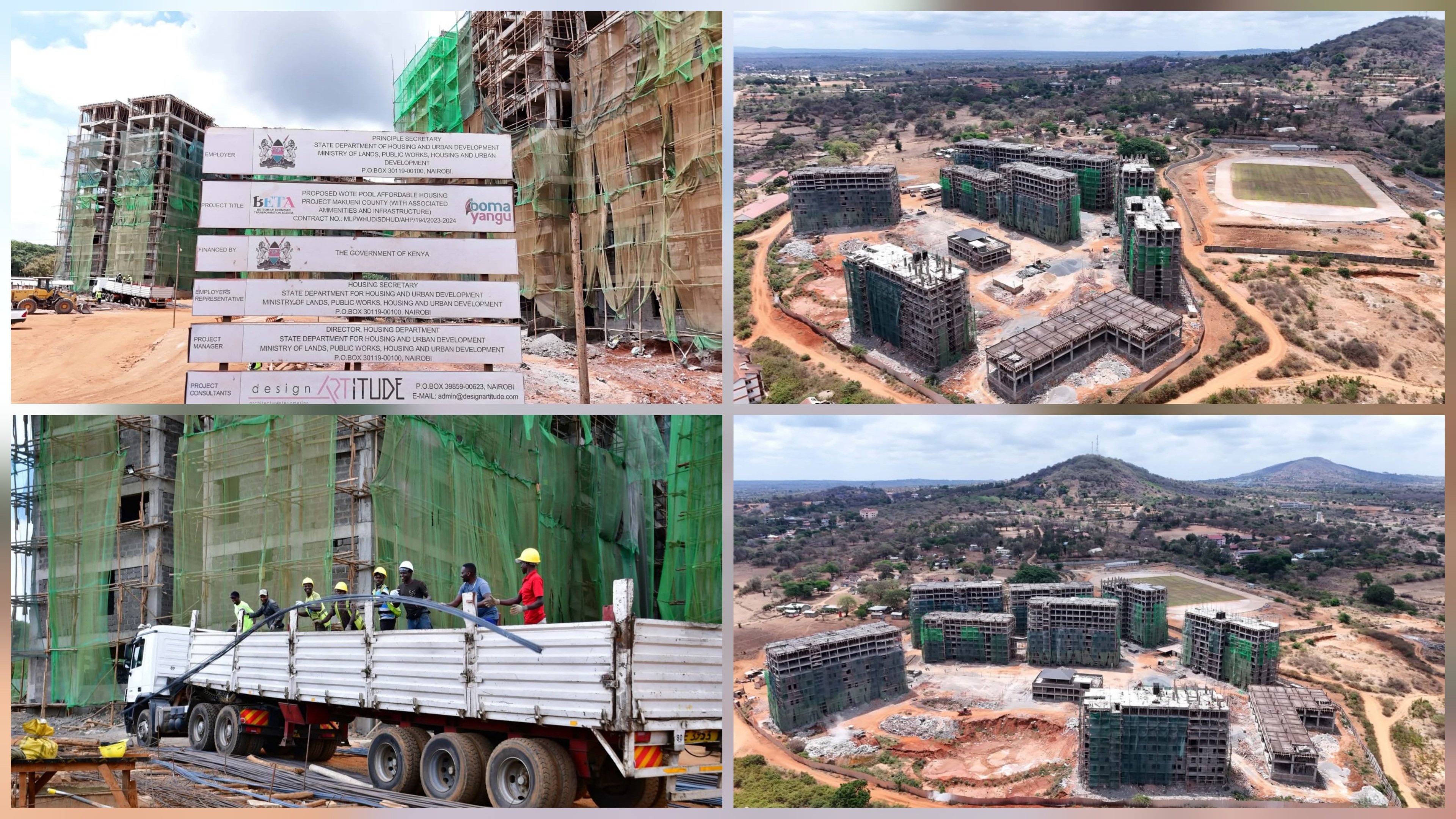 PHOTO collage of multi-story residential blocks under construction at the Wote Pool Affordable Housing site in Makueni, showing scaffolding and masonry work.