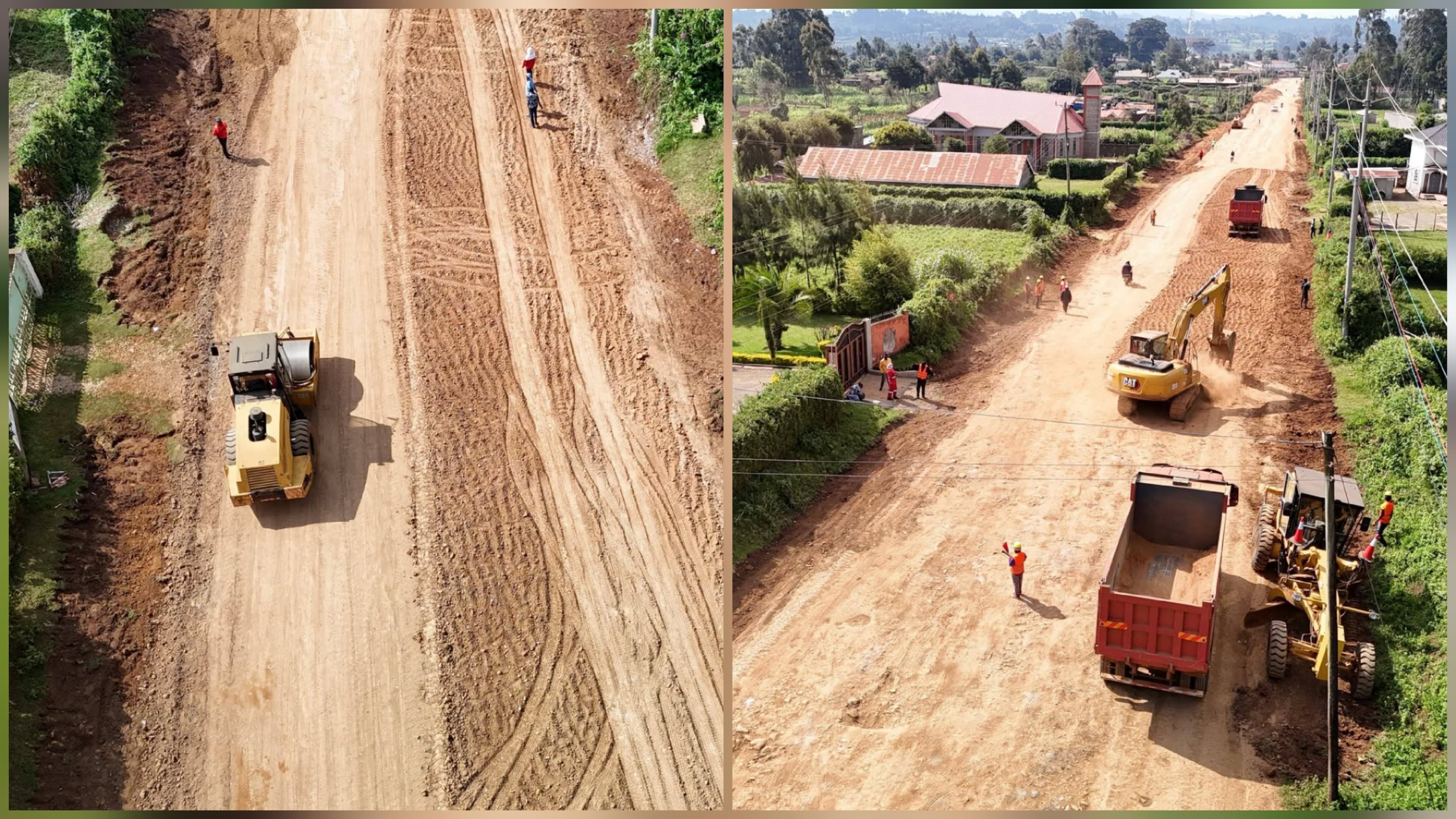 Aerial view from file 257204.png showing heavy earthmoving machinery and compactors grading the unpaved Nyambari-Shauri-Githunguri road network amid surrounding rural fields and buildings.