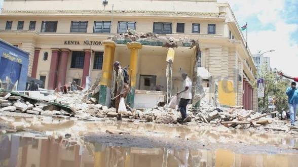 A pile of rubble and debris at the site of the former public toilets near the Kenya National Archives on Tom Mboya Street, Nairobi.