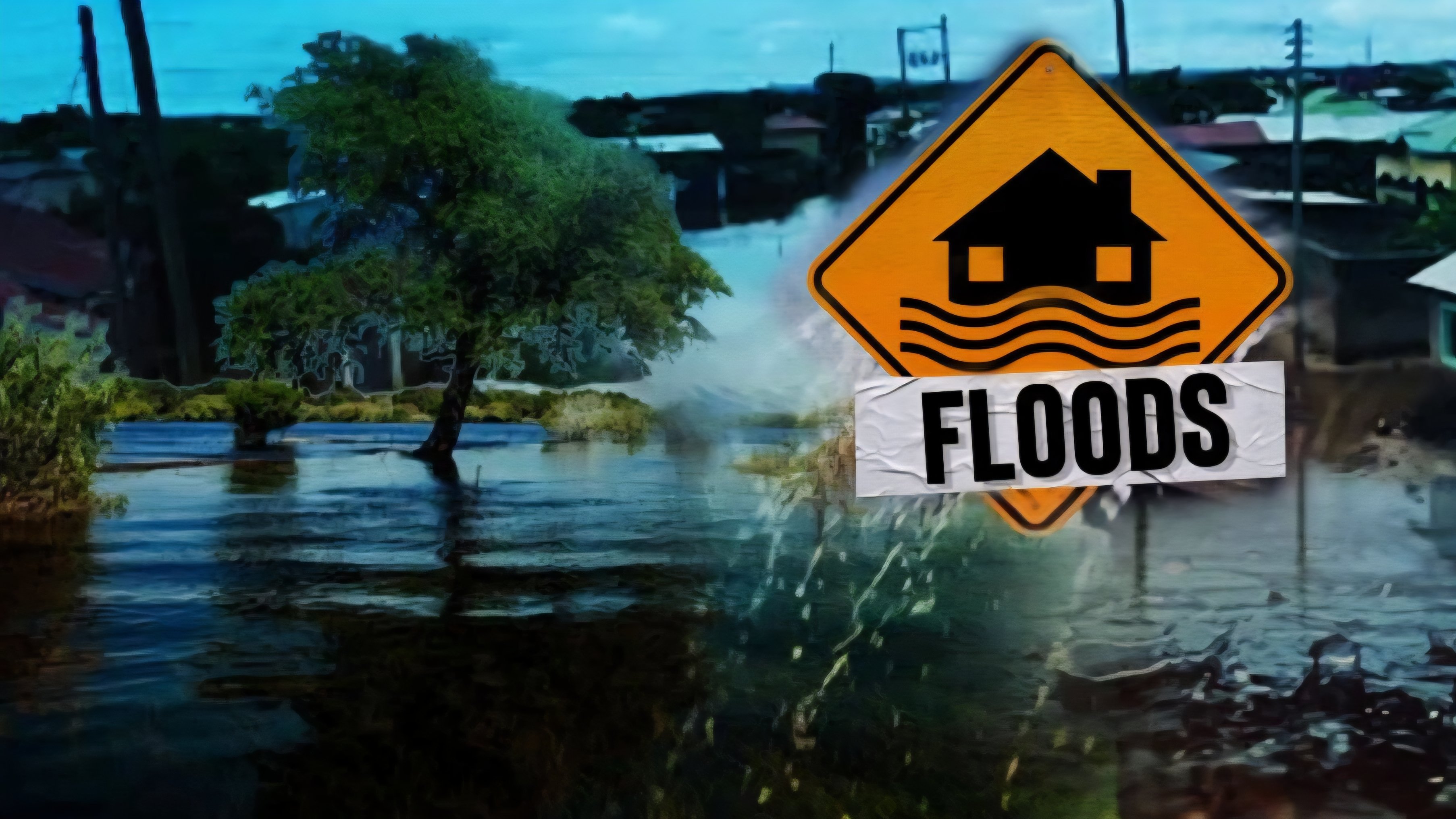 A yellow warning sign with a house icon and the word FLOODS stands in front of a submerged residential street with trees and buildings partially underwater.