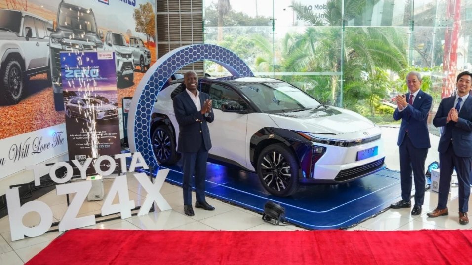 L-R, CFAO Mobility Kenya Deputy Managing Director Joshua Anya, Akira Wada, MD CFAO Kenya and Hiroshi Maruoka, Commercial and Trade Attaché at the Embassy of Japan in Kenya during the Toyota bZ4X launch.