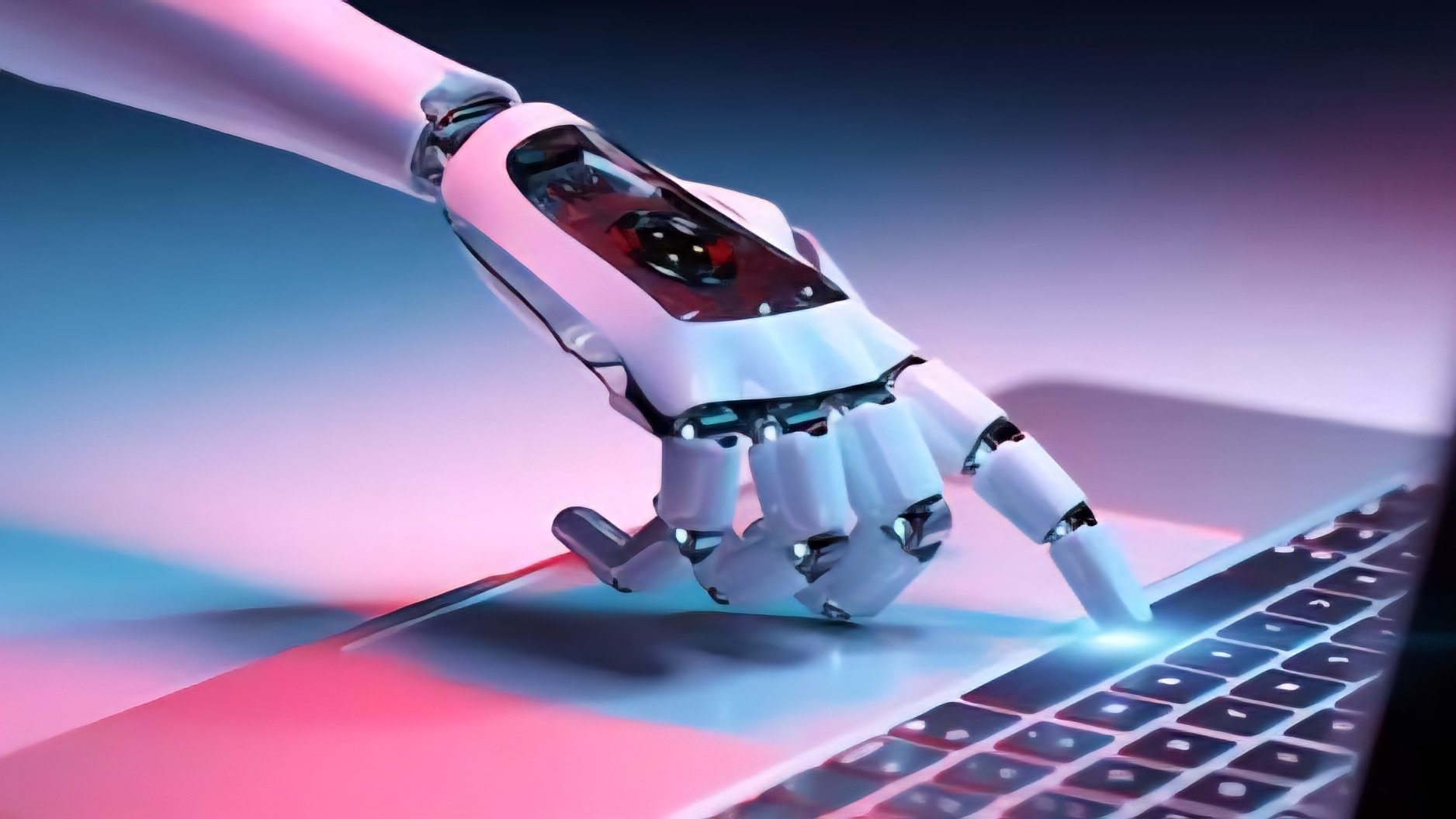 A robotic hand rests on a computer keyboard with a digital screen displaying the words artificial intelligence in the background.