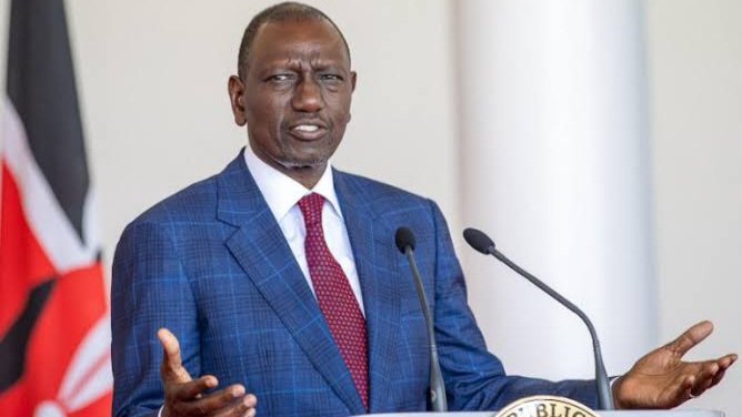 President William Ruto speaking at a podium with a quote overlay about the Road Maintenance Levy Fund securitisation bond.