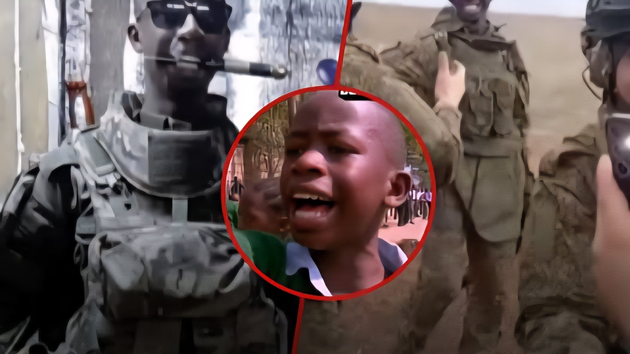 A side-by-side comparison showing a young boy crying during the Lang'ata Primary School protests and a young man in military uniform.