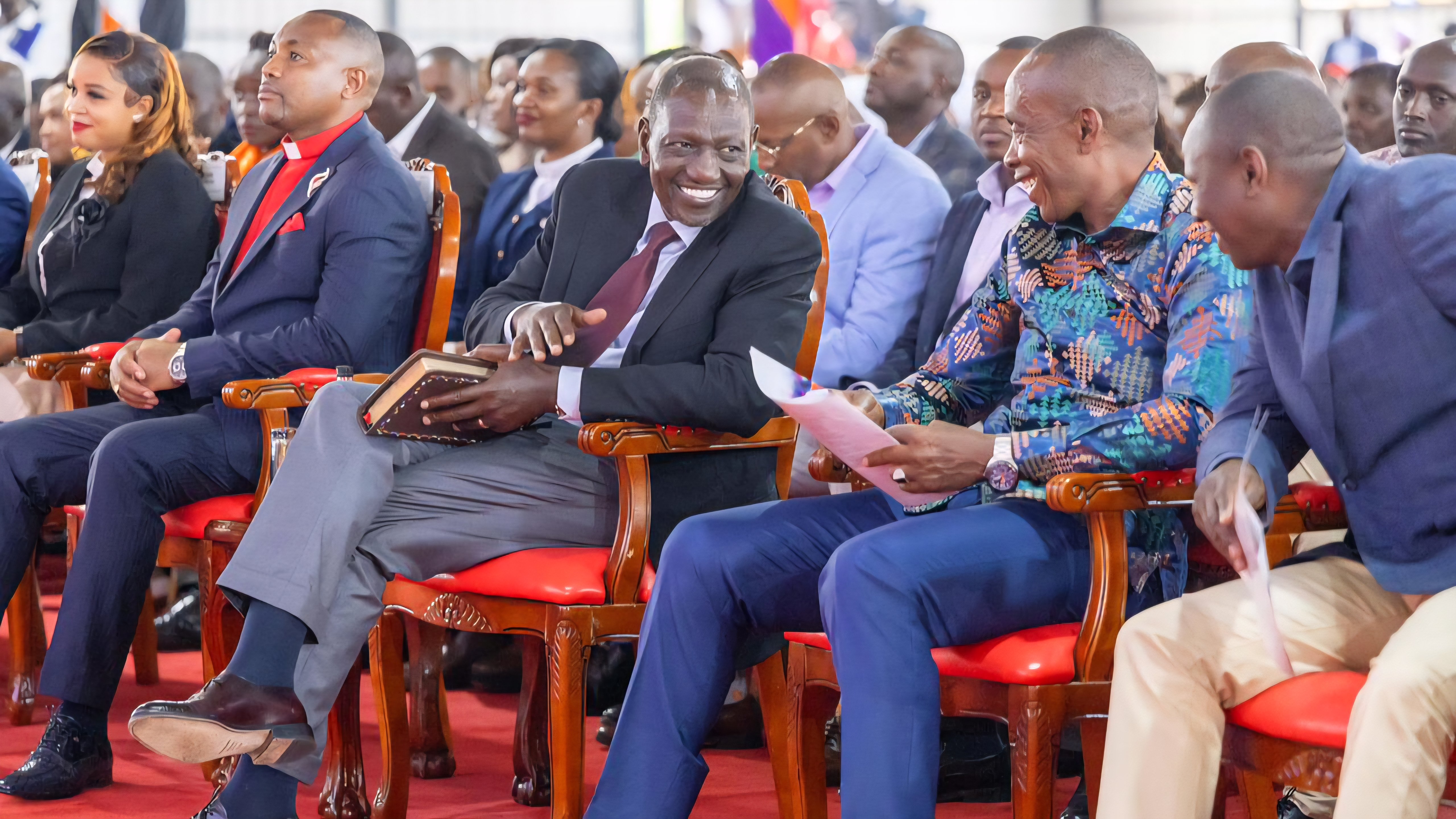 President William Ruto and Kiambu Governor Kimani Wamatangi seated during a public event in Ruiru where the September 2026 start date for the Nairobi-Thika Expressway was announced.