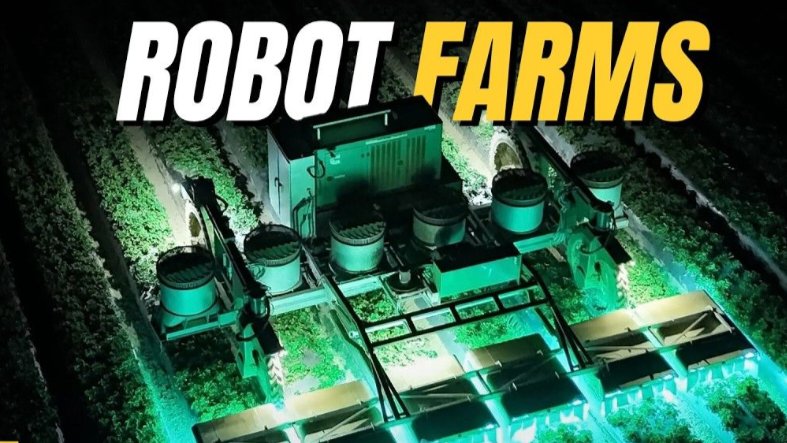 An autonomous agricultural robot with glowing ultraviolet lights operating in a crop field at night.
