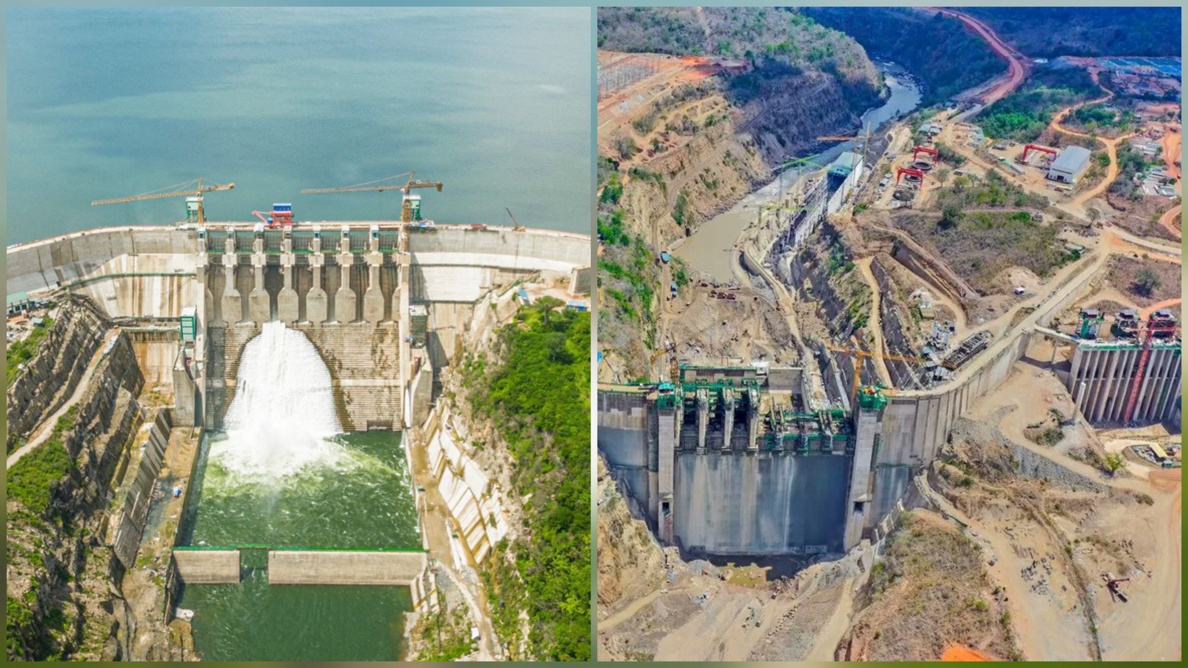 Aerial view of the Julius Nyerere Hydropower dam spillway and surrounding river gorge in Tanzania.