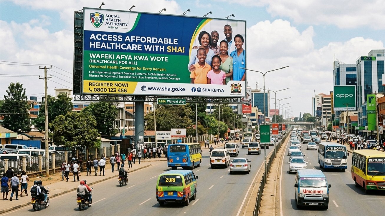 Social Health Authority (SHA) billboard displaying health coverage message along a busy urban road in Kenya.