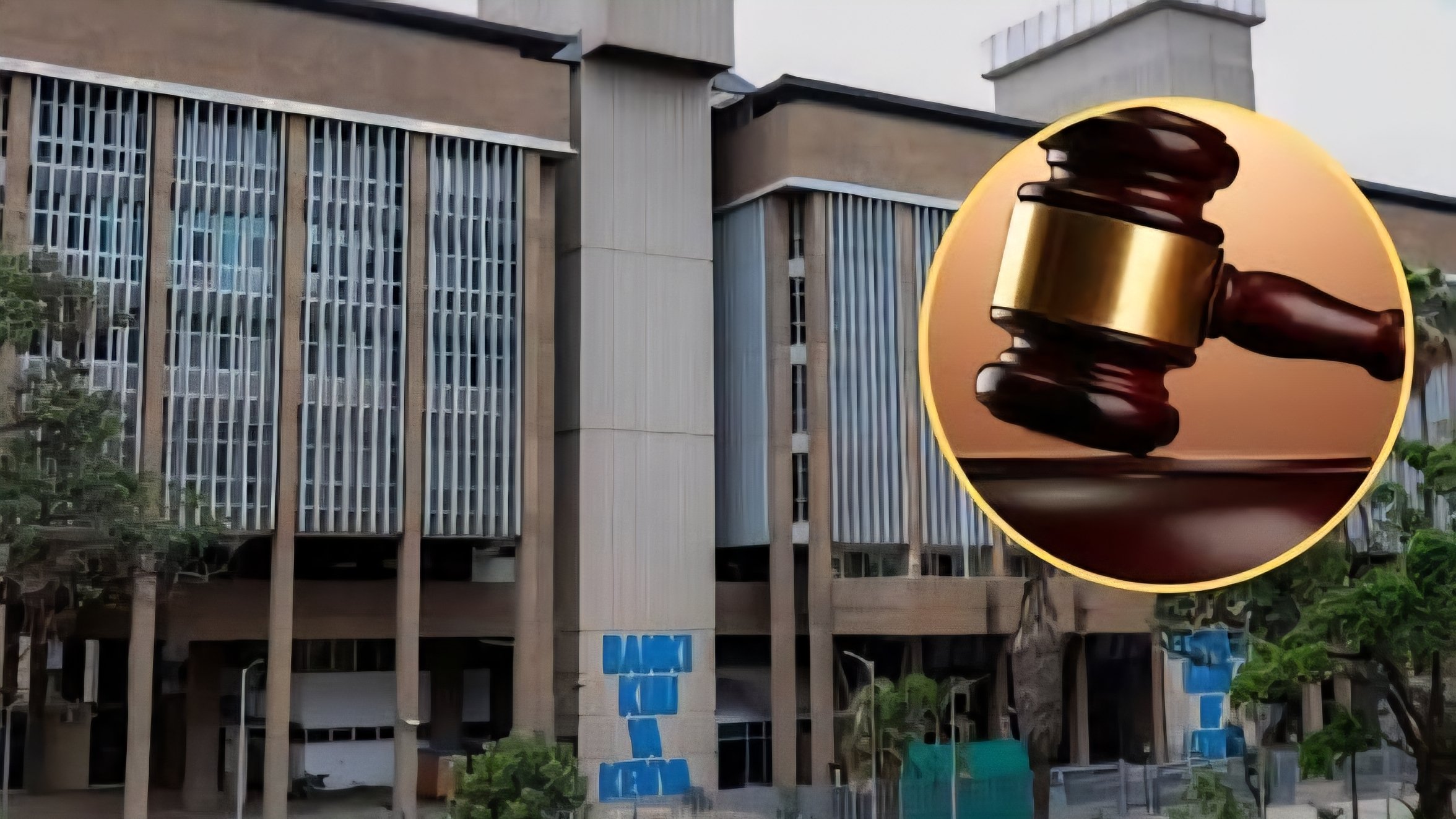 The exterior facade of the Central Bank of Kenya building with a superimposed wooden gavel icon.