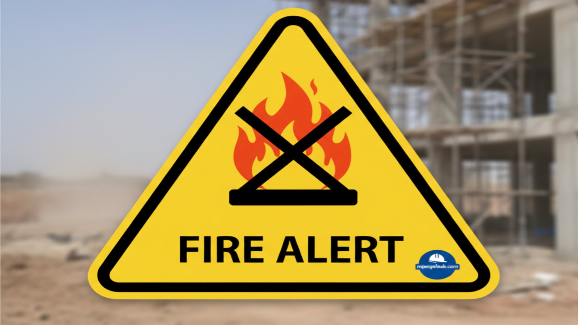 A fire alert caution with a building site located behind a large commercial mall complex under a clear sky.