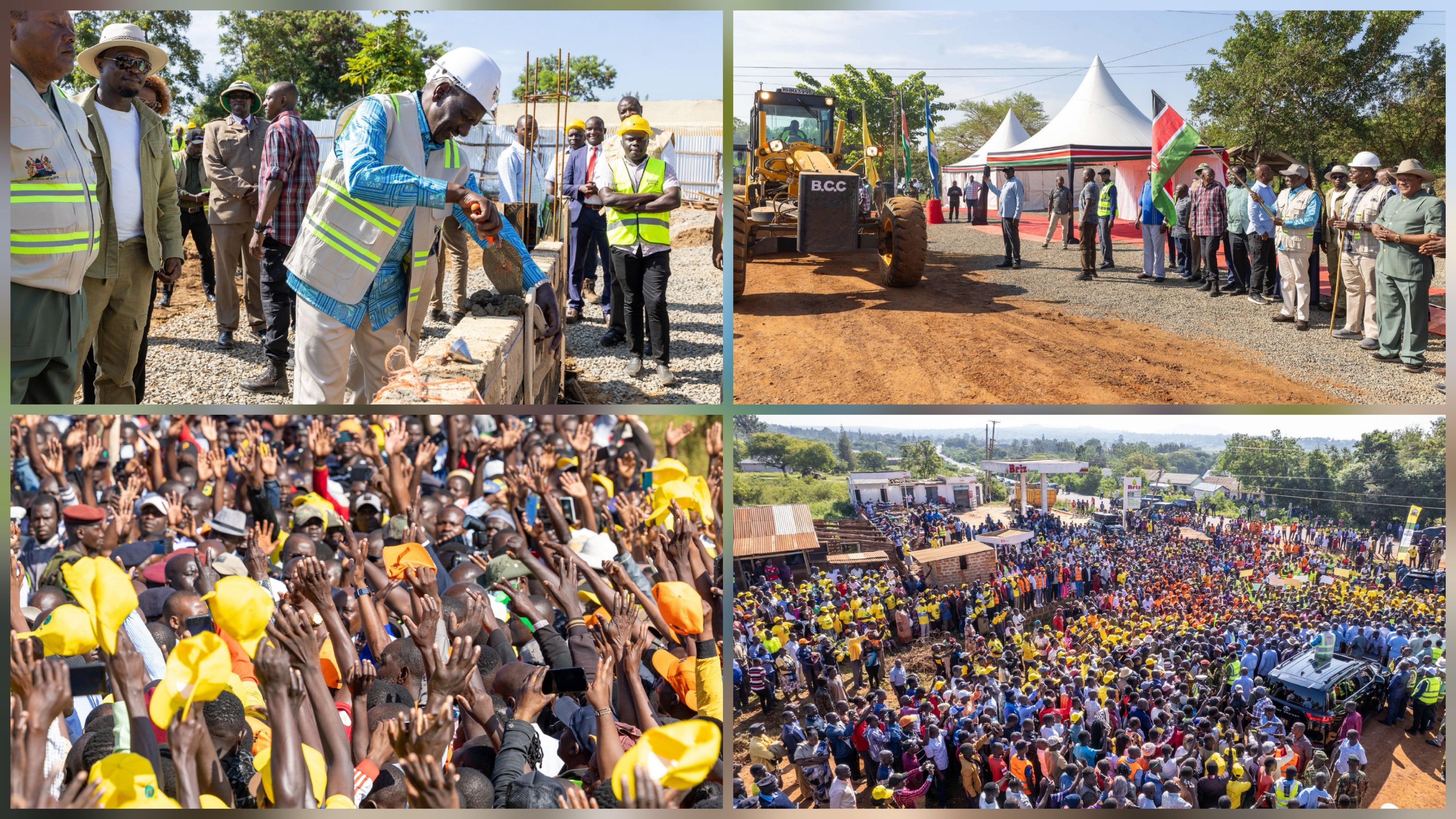 President William Ruto laying a foundation stone for a construction project in Busia County, flanked by government officials and construction workers.