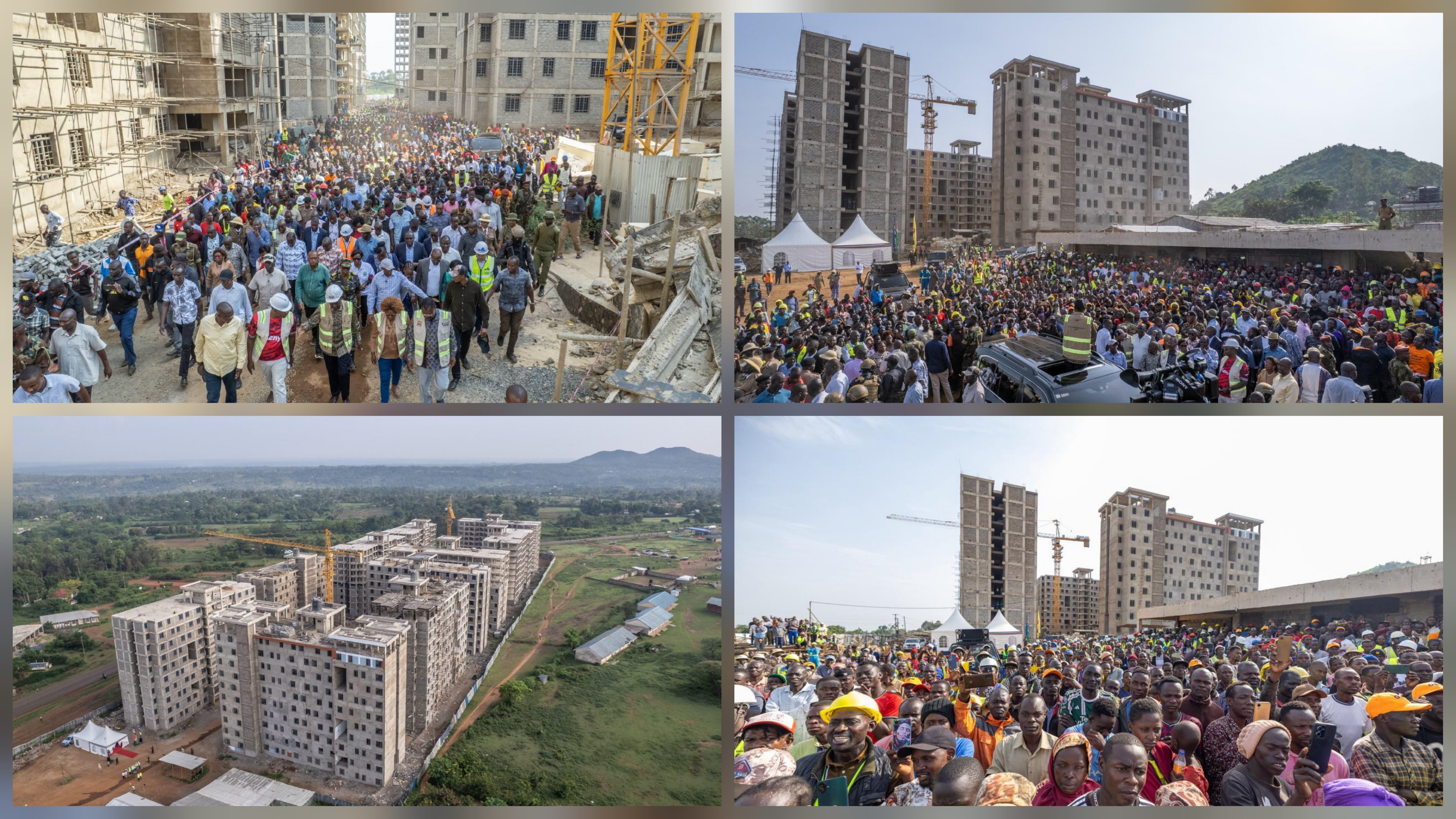 Aerial and ground-level views of several multi-storey apartment blocks under construction at the Nangina Affordable Housing Project in Busia County, showing a large crowd and construction equipment.