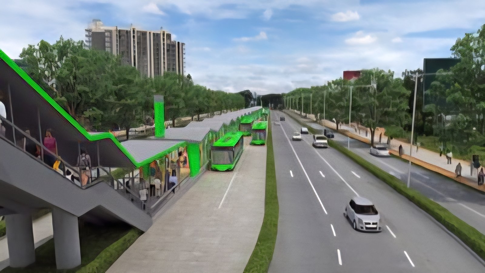 Two large orange high-capacity buses driving on a dedicated two-lane transit corridor separated by a median.