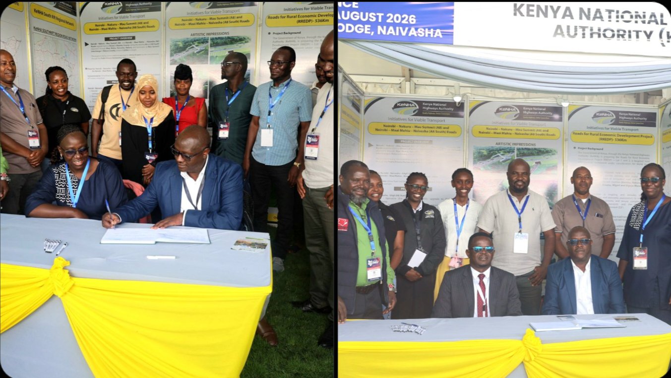 Delegates and state officials seated at a exhibition table inside the Kenya National Highways Authority pavilion during the fifth Association of Consulting Engineers of Kenya conference in Naivasha.