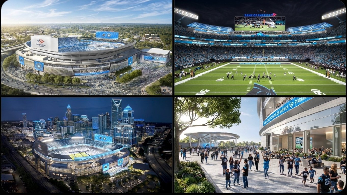 Architectural rendering of the renovated Bank of America Stadium lit up at night in Charlotte, North Carolina.