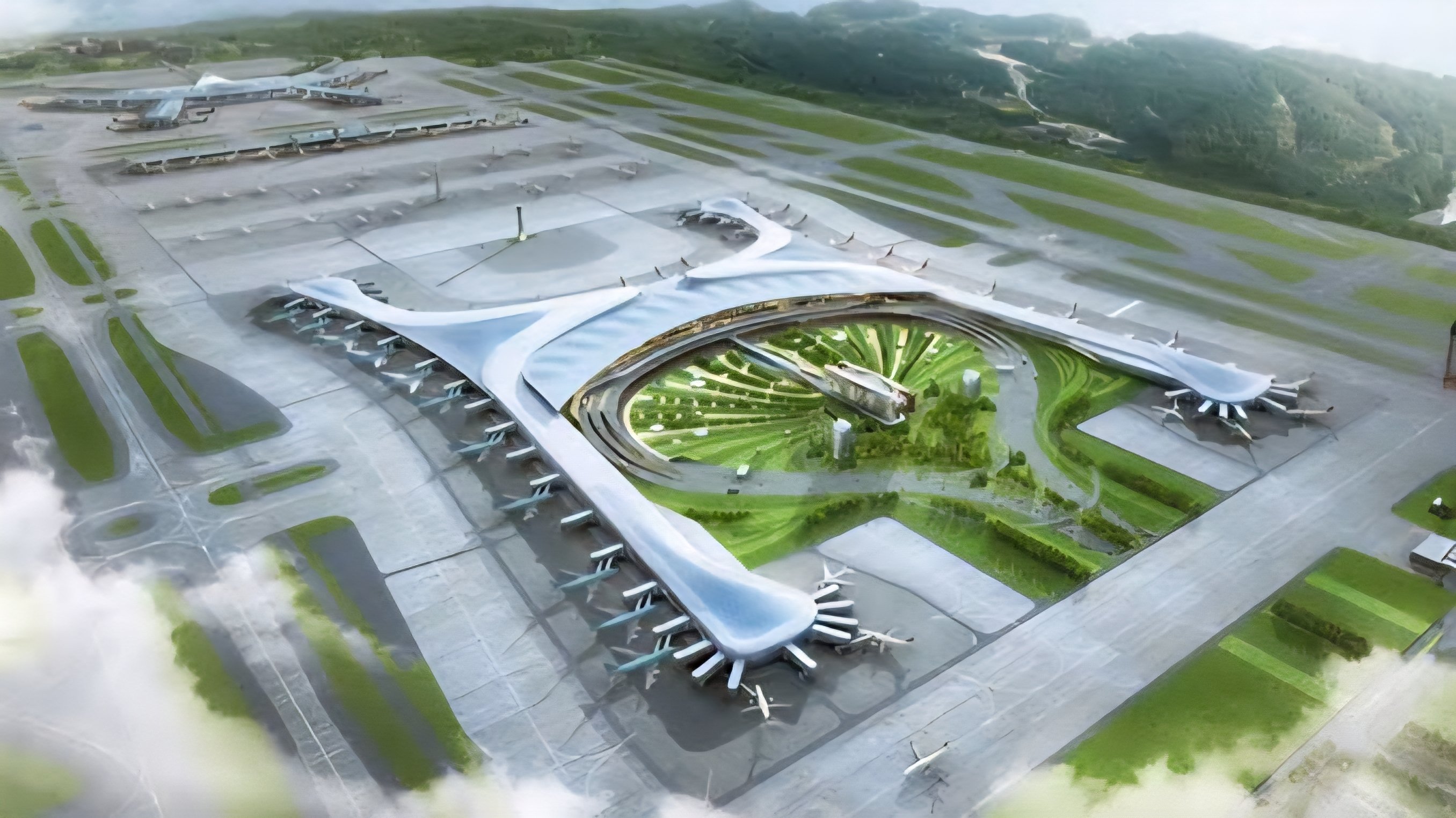 Aerial architectural render showing the curvilinear terminal buildings and green spaces of the proposed Bishoftu International Airport in Ethiopia.