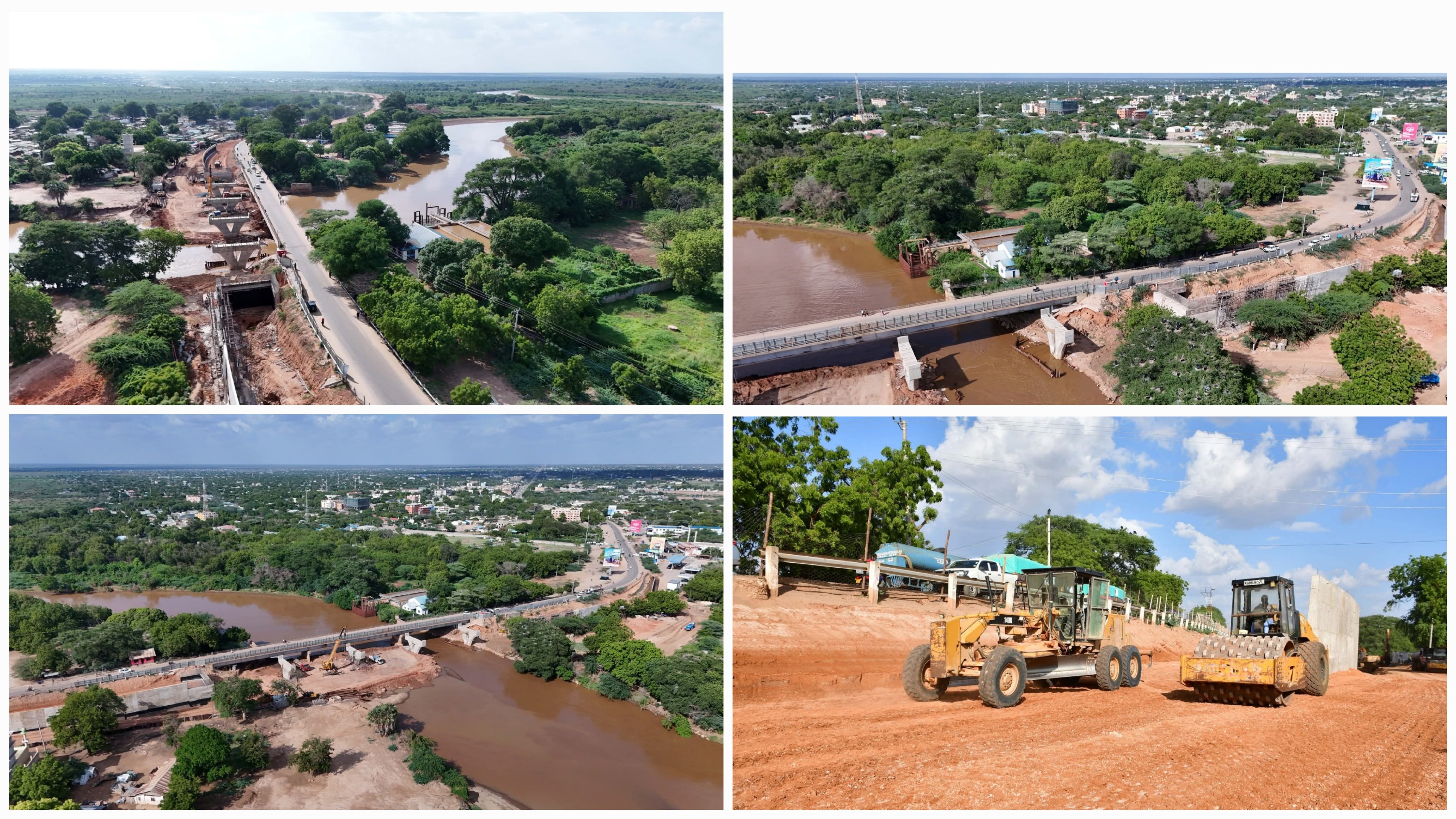 Construction workers and heavy cranes positioned on the banks of the Tana River for the installation of precast concrete bridge girders.