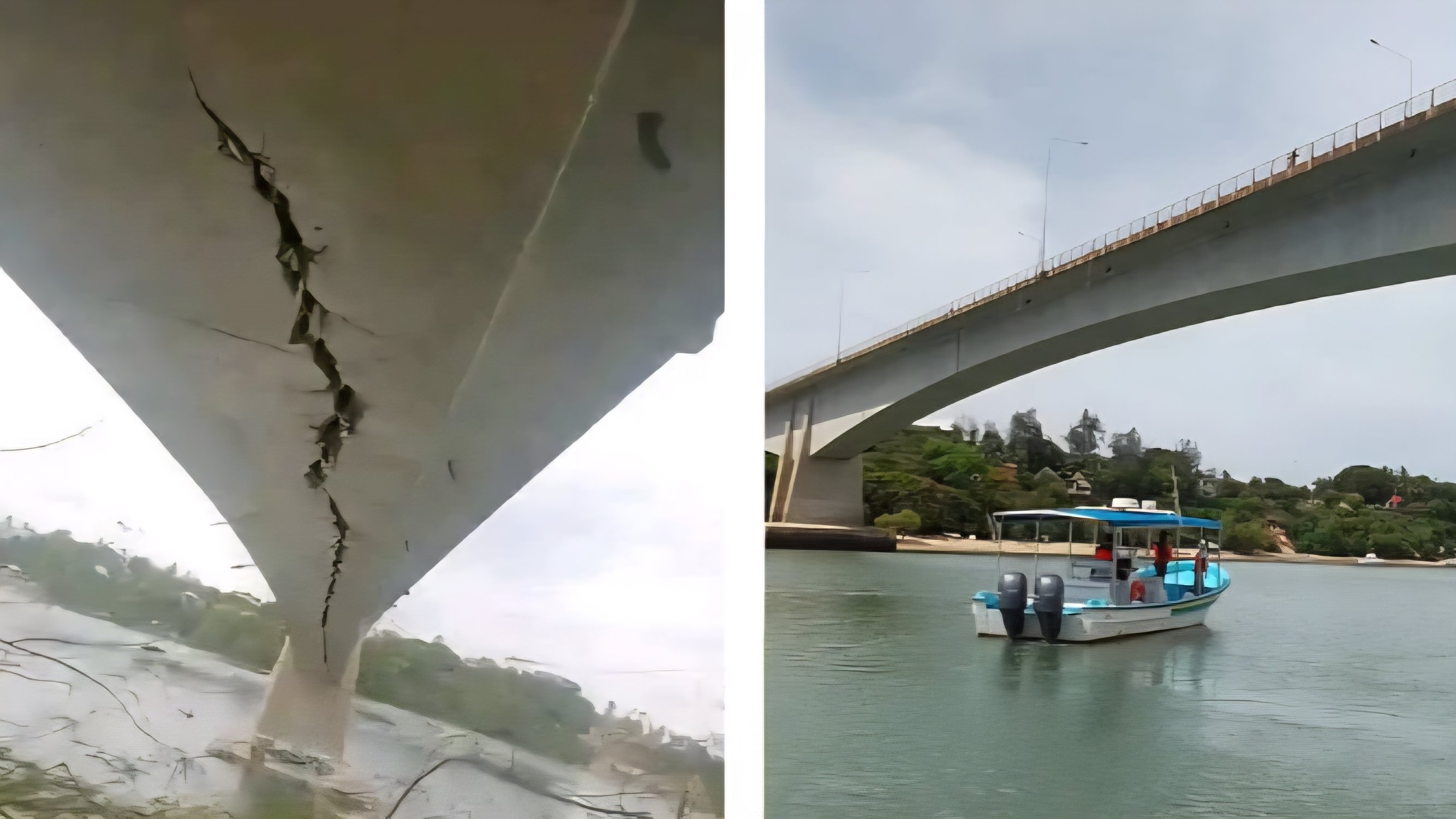 A side-by-side comparison showing a fabricated image of a cracked bridge underbelly next to a real, intact photo of the Kilifi Bridge over the water.