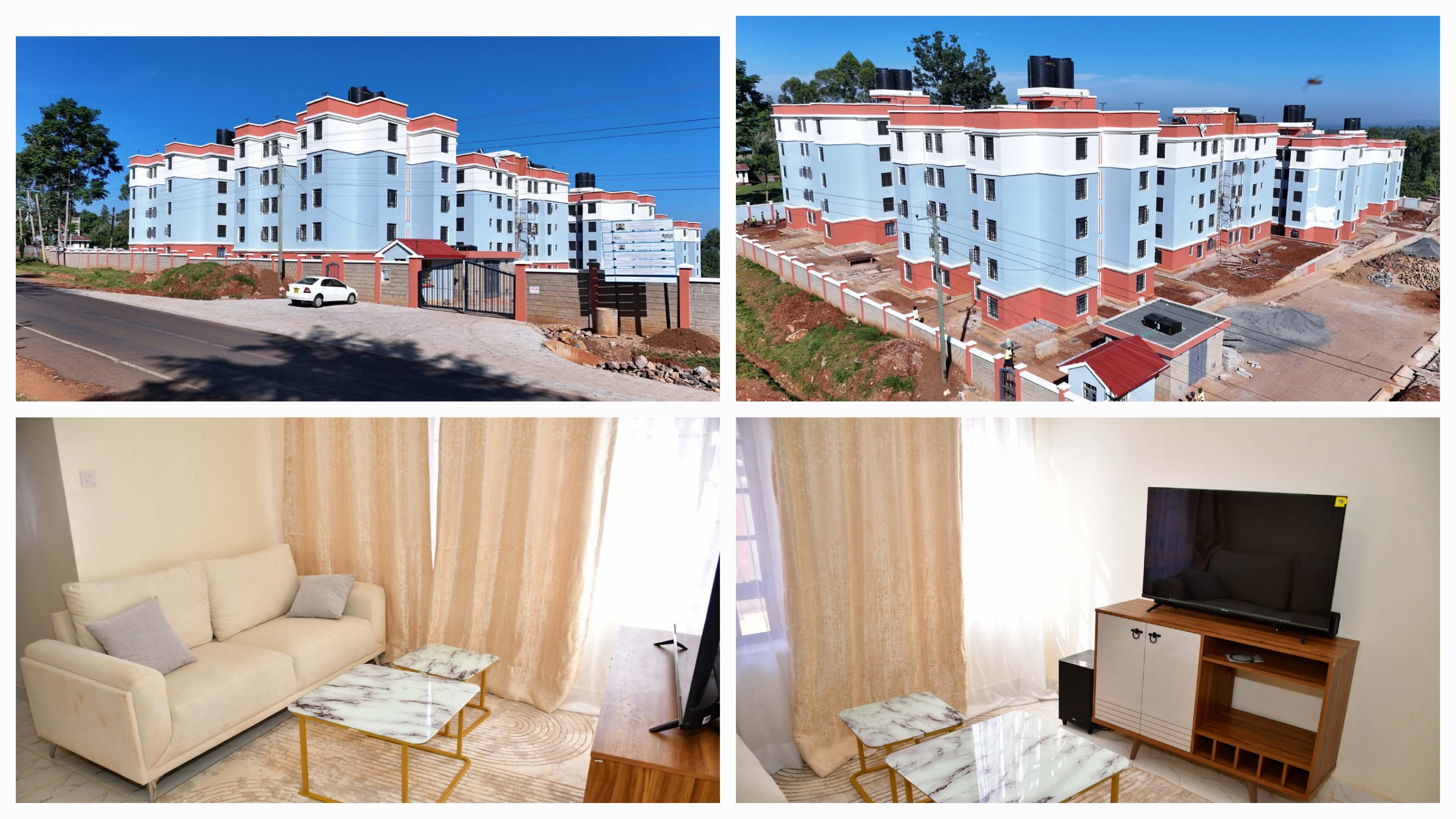 A medium-shot view of the multi-story Vihiga Affordable Housing apartments blocks showing completed interior and ongoing landscaping work at the base of the structures.