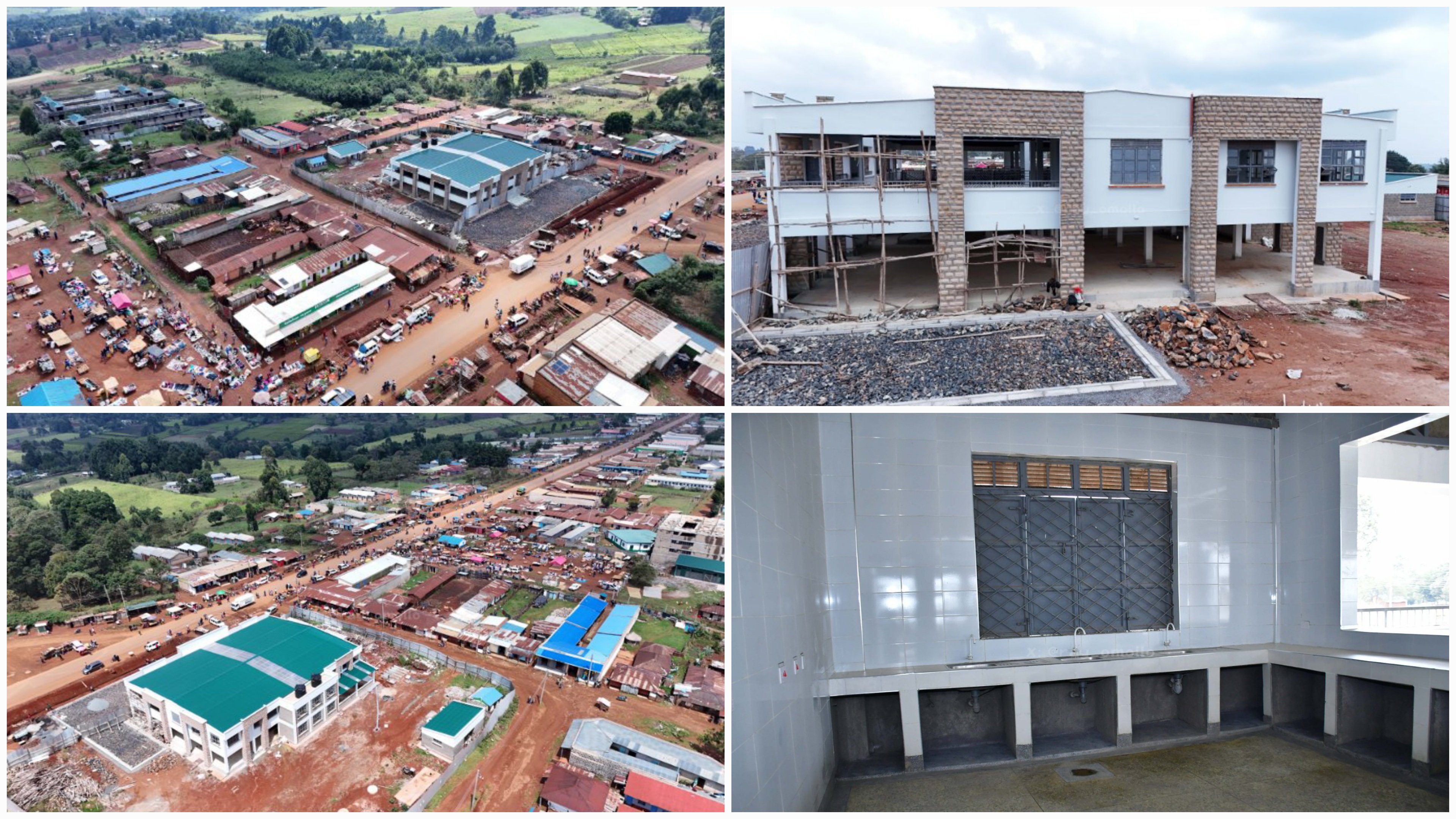 Aerial and ground-level views of the Kaiboi ESP Market construction site in Nandi County, showing a large white and green multi-unit building and internal tiling work.