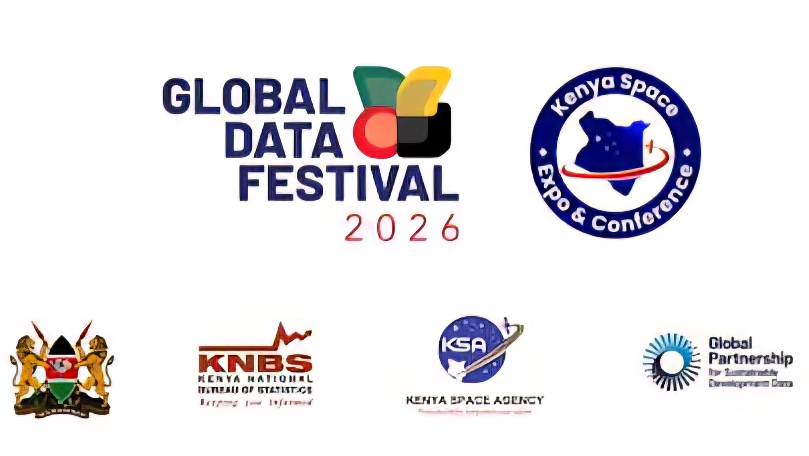 Verbatim file showing a digital screen broadcast of the 2026 Global Data Festival and Kenya Space Expo & Conference, detailed with session agendas on community-led data and official statistics.