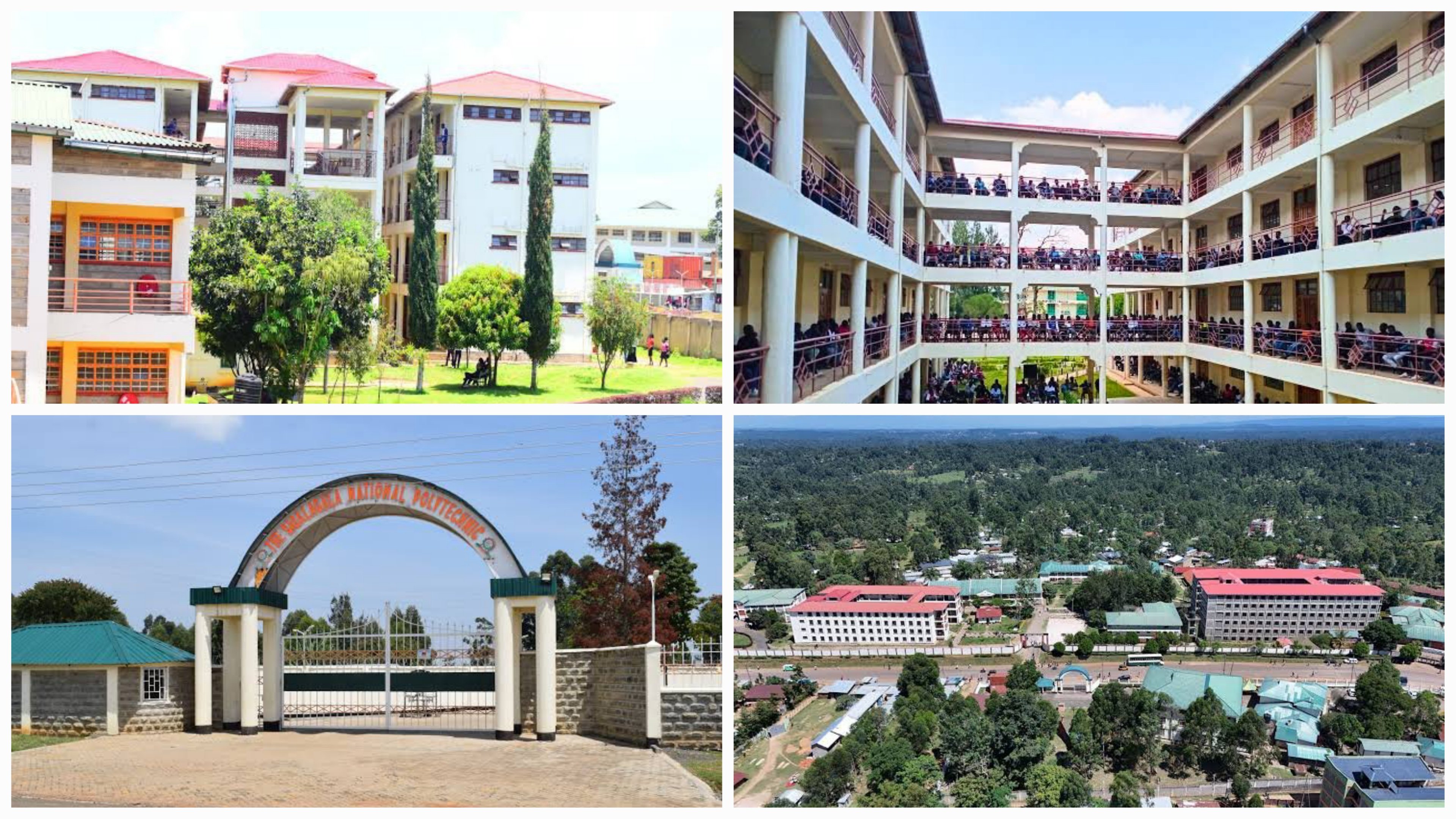 An architectural wide shot of a multi-story concrete academic building under construction with scaffolding and a crane at a national polytechnic in Kenya.