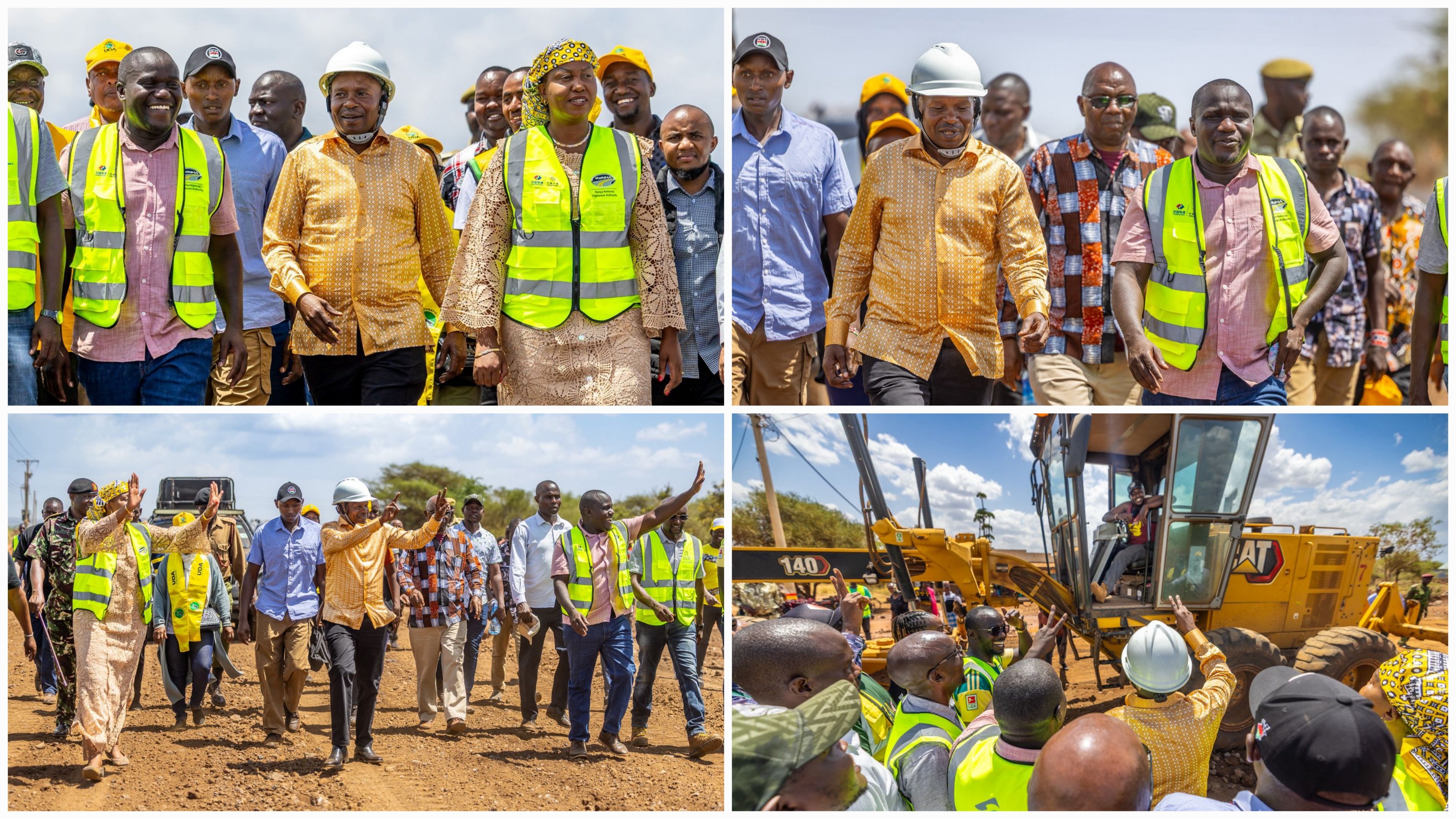 Deputy President Kithure Kindiki and officials walking at a construction site of the Ilassit-Njukini-Taveta B55 road project with heavy machinery in the background.