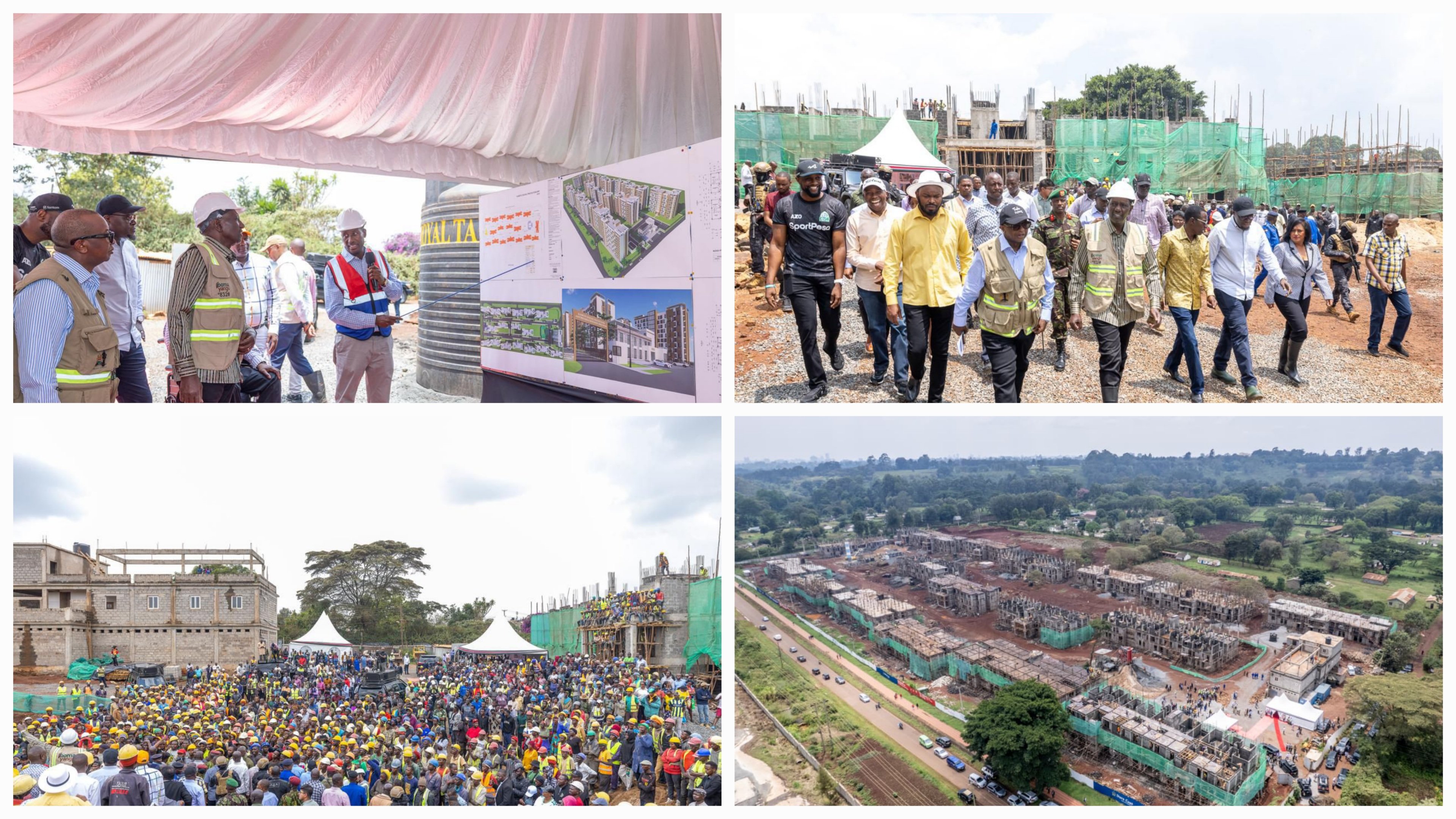 President William Ruto, Governor Johnson Sakaja, and Housing PS Charles Hinga standing at the Kabete Social Protection Estate construction site looking at project blueprints.