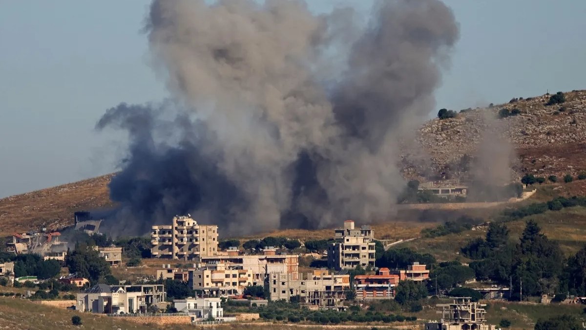 Smoke rises from the site of a strike in Kfar Tebnit, Lebanon on June 3.Source: AFP/Getty Images